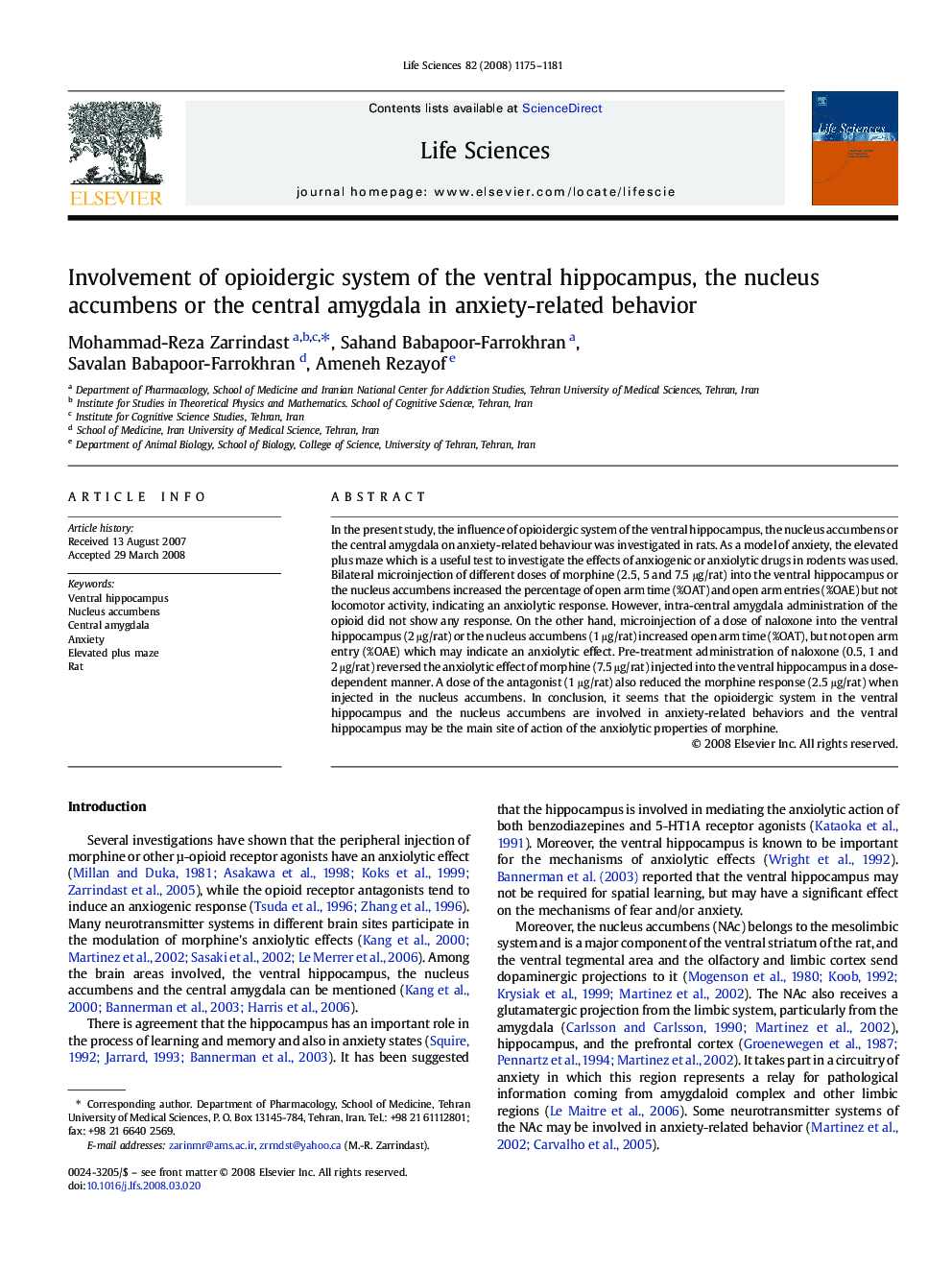 Involvement of opioidergic system of the ventral hippocampus, the nucleus accumbens or the central amygdala in anxiety-related behavior