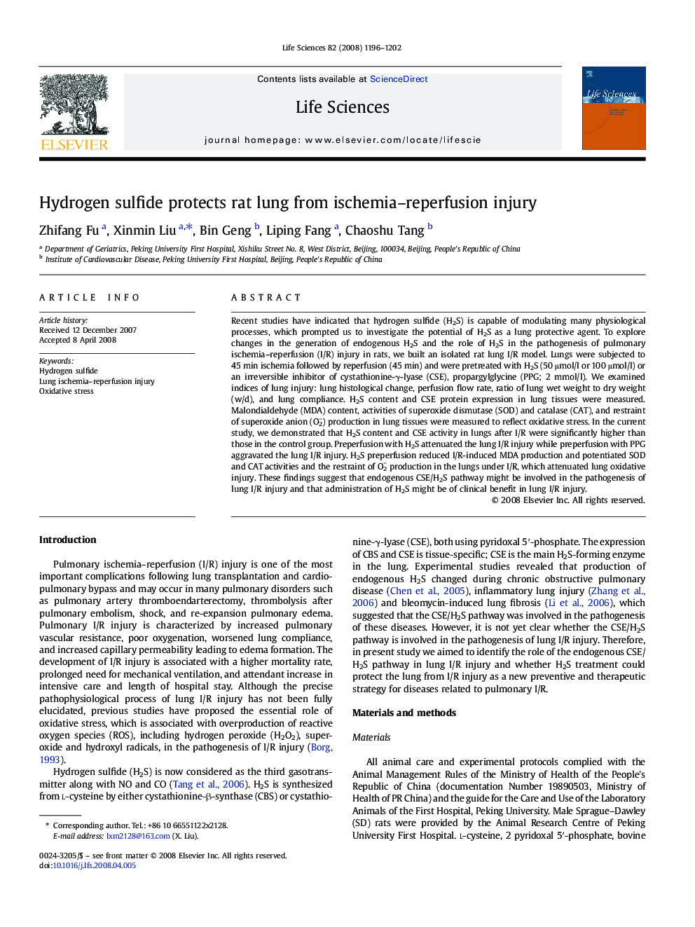 Hydrogen sulfide protects rat lung from ischemia-reperfusion injury