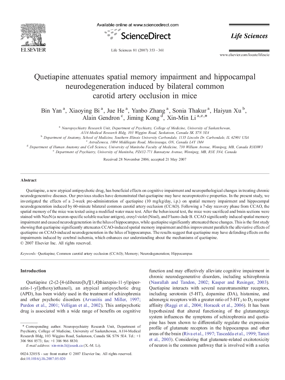 Quetiapine attenuates spatial memory impairment and hippocampal neurodegeneration induced by bilateral common carotid artery occlusion in mice