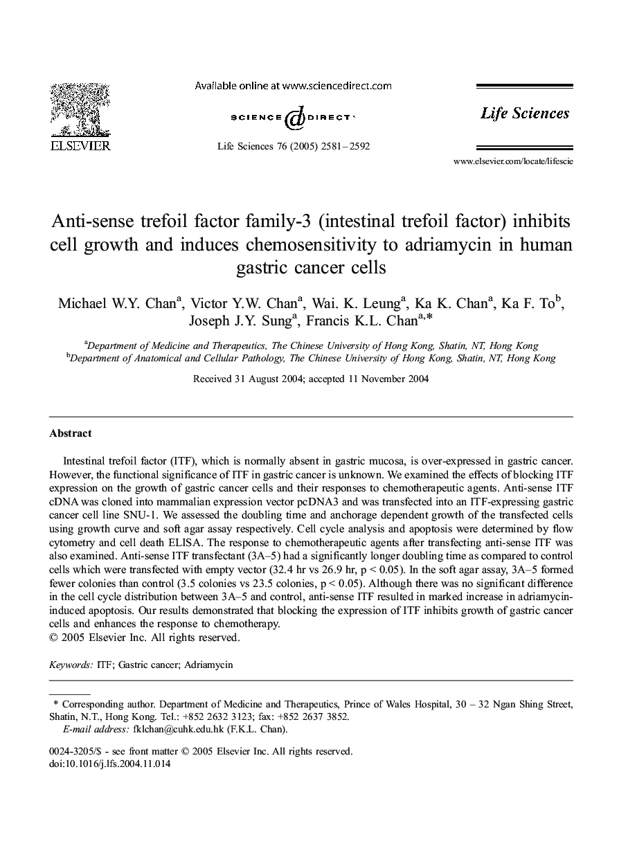 Anti-sense trefoil factor family-3 (intestinal trefoil factor) inhibits cell growth and induces chemosensitivity to adriamycin in human gastric cancer cells