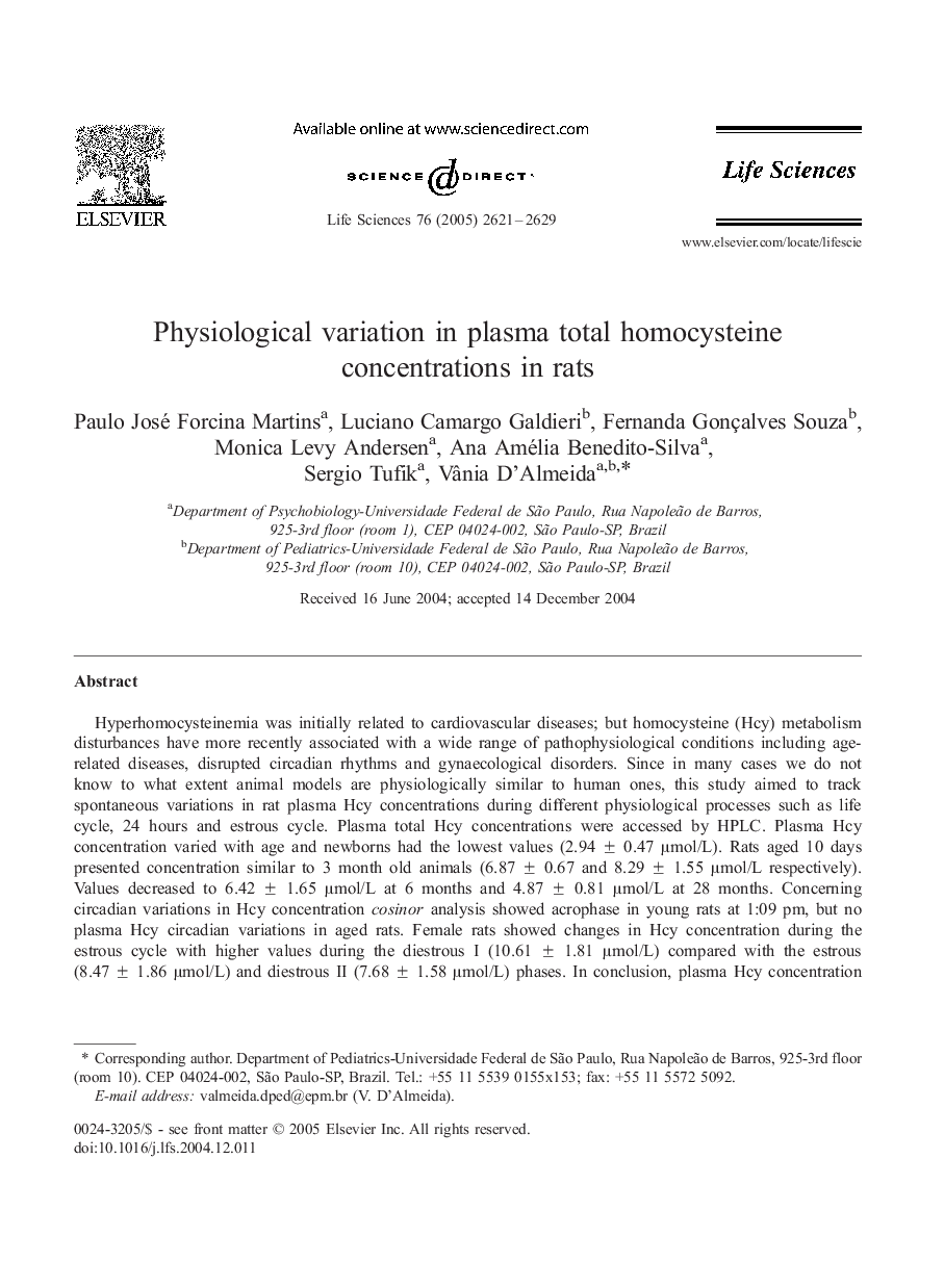 Physiological variation in plasma total homocysteine concentrations in rats