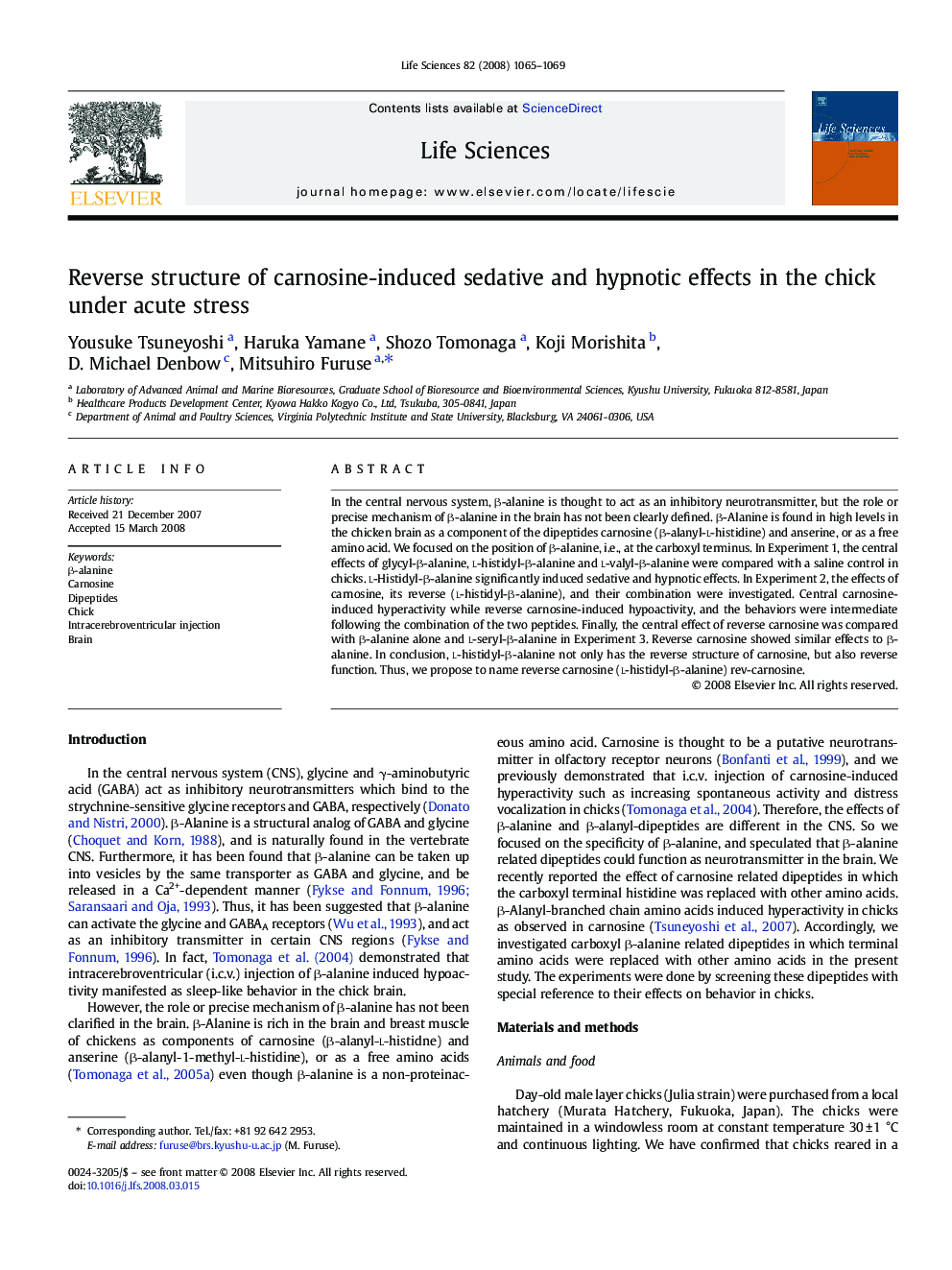 Reverse structure of carnosine-induced sedative and hypnotic effects in the chick under acute stress