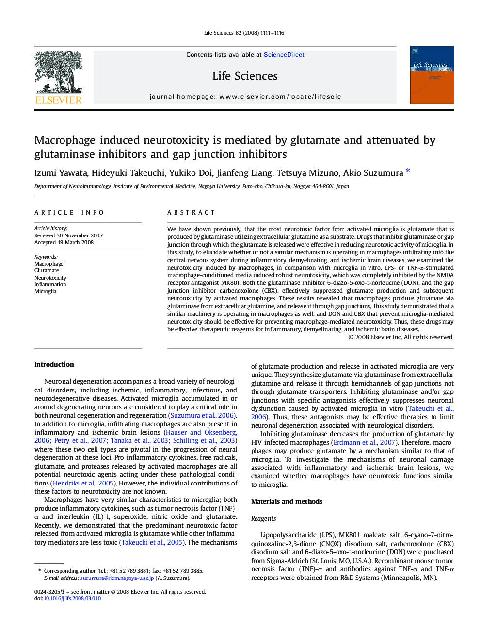 Macrophage-induced neurotoxicity is mediated by glutamate and attenuated by glutaminase inhibitors and gap junction inhibitors