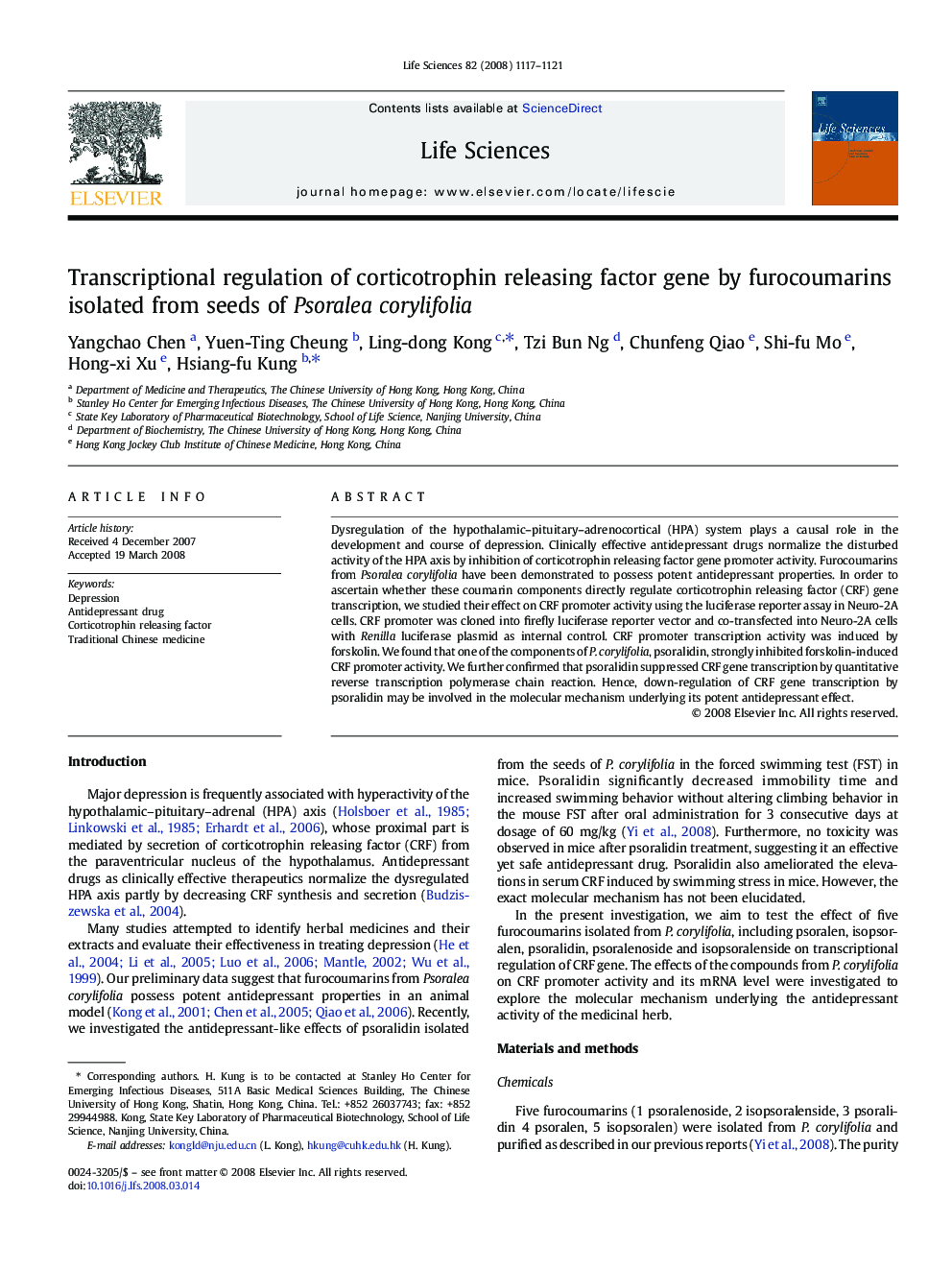 Transcriptional regulation of corticotrophin releasing factor gene by furocoumarins isolated from seeds of Psoralea corylifolia