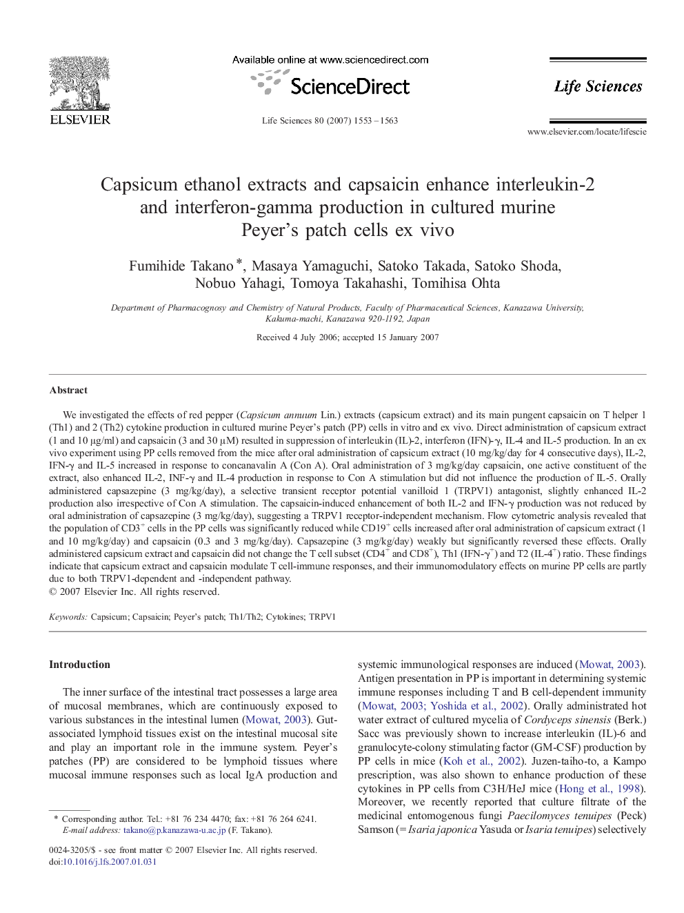 Capsicum ethanol extracts and capsaicin enhance interleukin-2 and interferon-gamma production in cultured murine Peyer's patch cells ex vivo