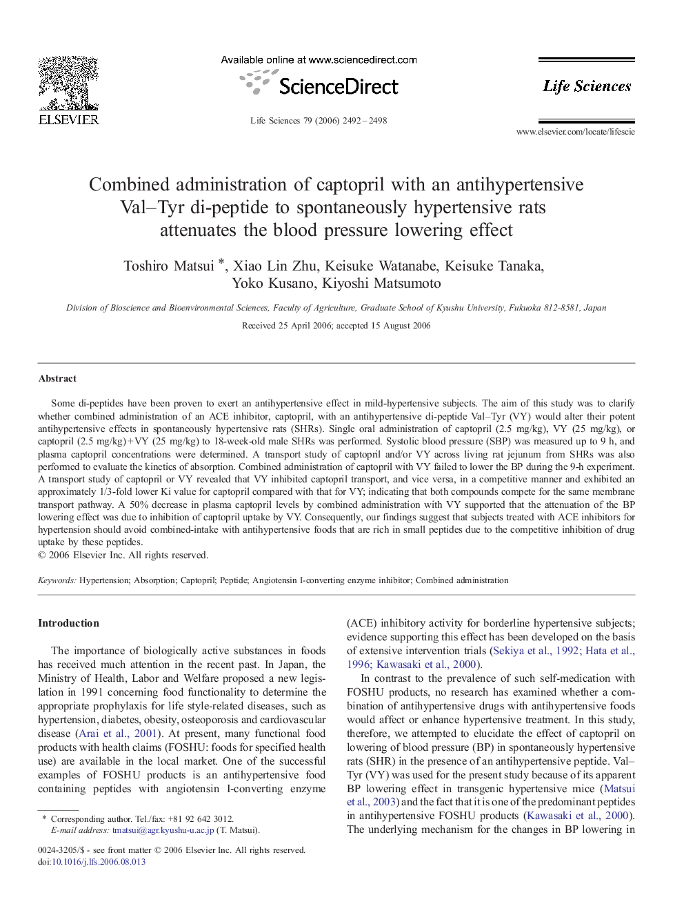 Combined administration of captopril with an antihypertensive Val-Tyr di-peptide to spontaneously hypertensive rats attenuates the blood pressure lowering effect