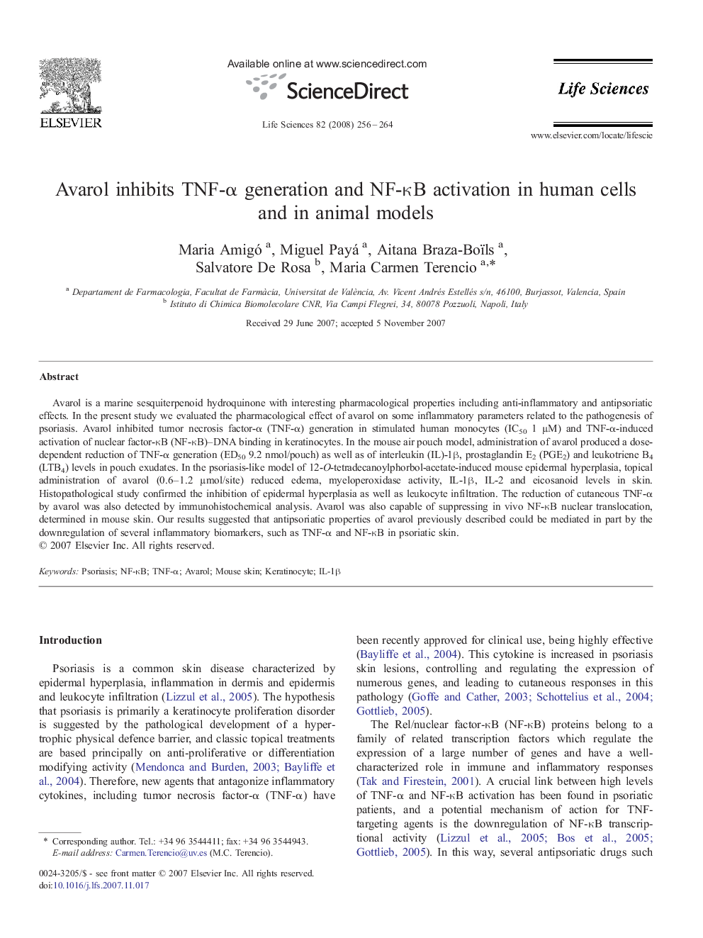 Avarol inhibits TNF-α generation and NF-κB activation in human cells and in animal models