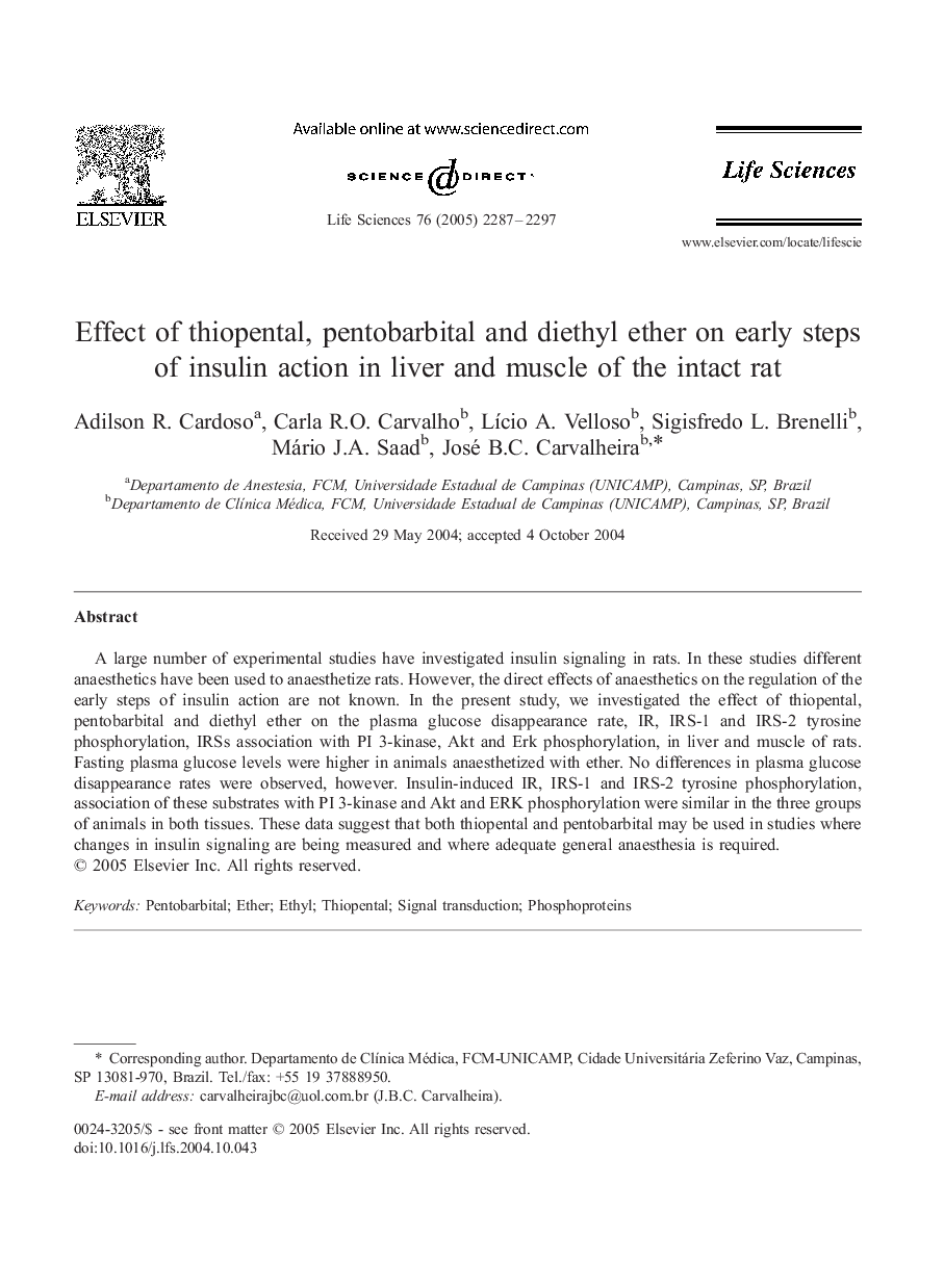 Effect of thiopental, pentobarbital and diethyl ether on early steps of insulin action in liver and muscle of the intact rat