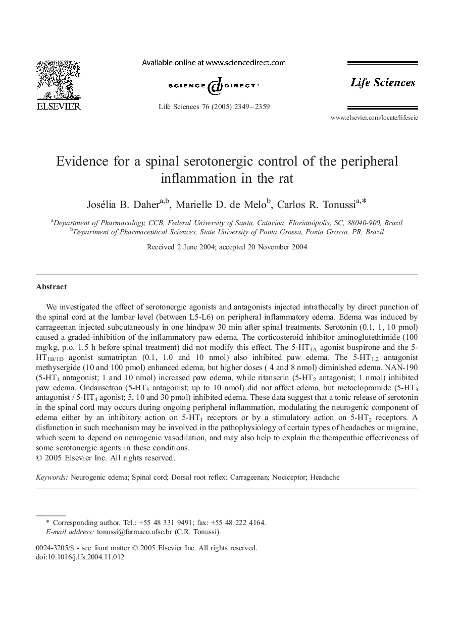 Evidence for a spinal serotonergic control of the peripheral inflammation in the rat