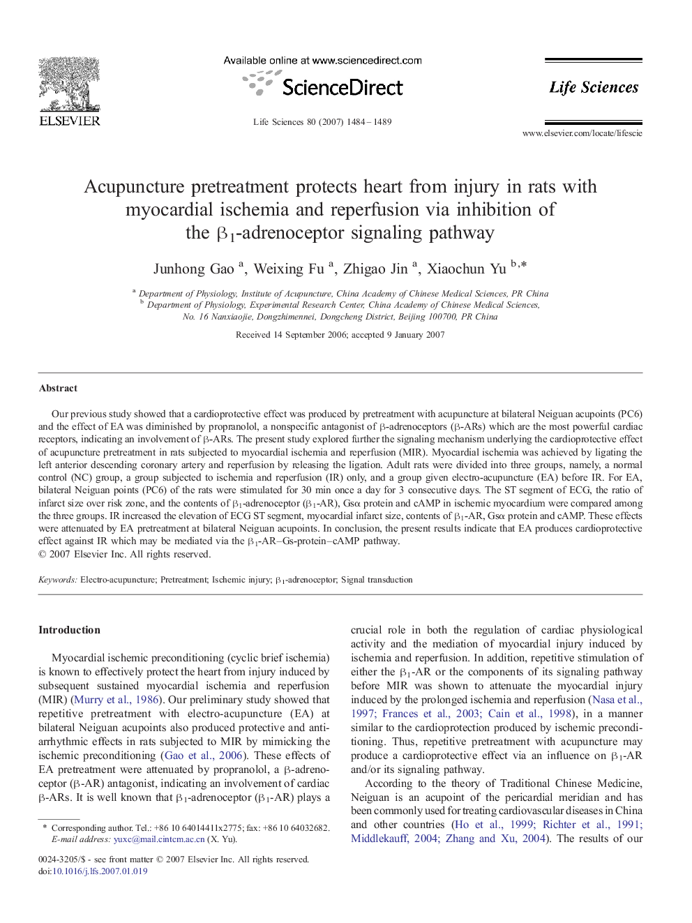 Acupuncture pretreatment protects heart from injury in rats with myocardial ischemia and reperfusion via inhibition of the β1-adrenoceptor signaling pathway