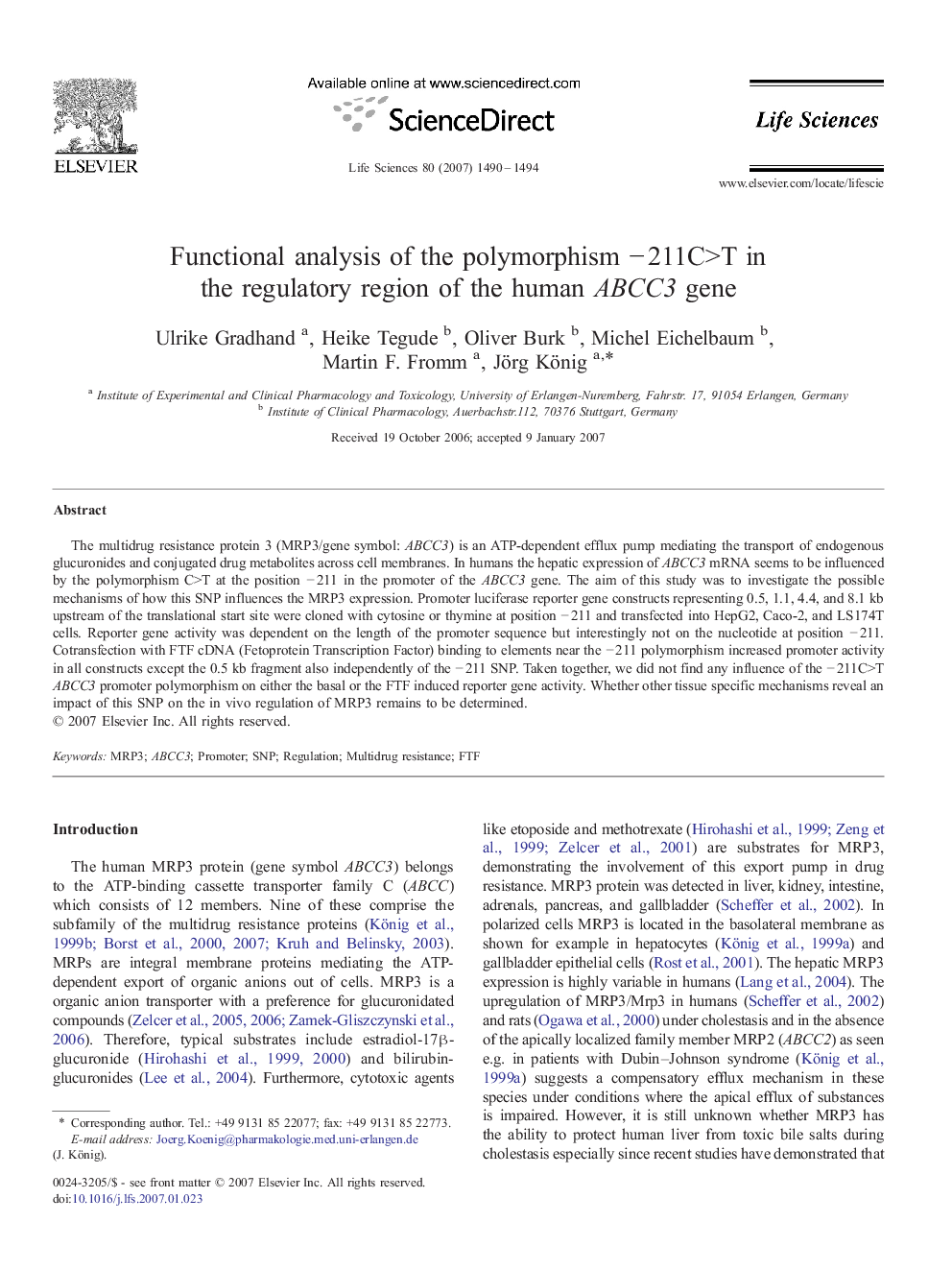 Functional analysis of the polymorphism − 211C>T in the regulatory region of the human ABCC3 gene