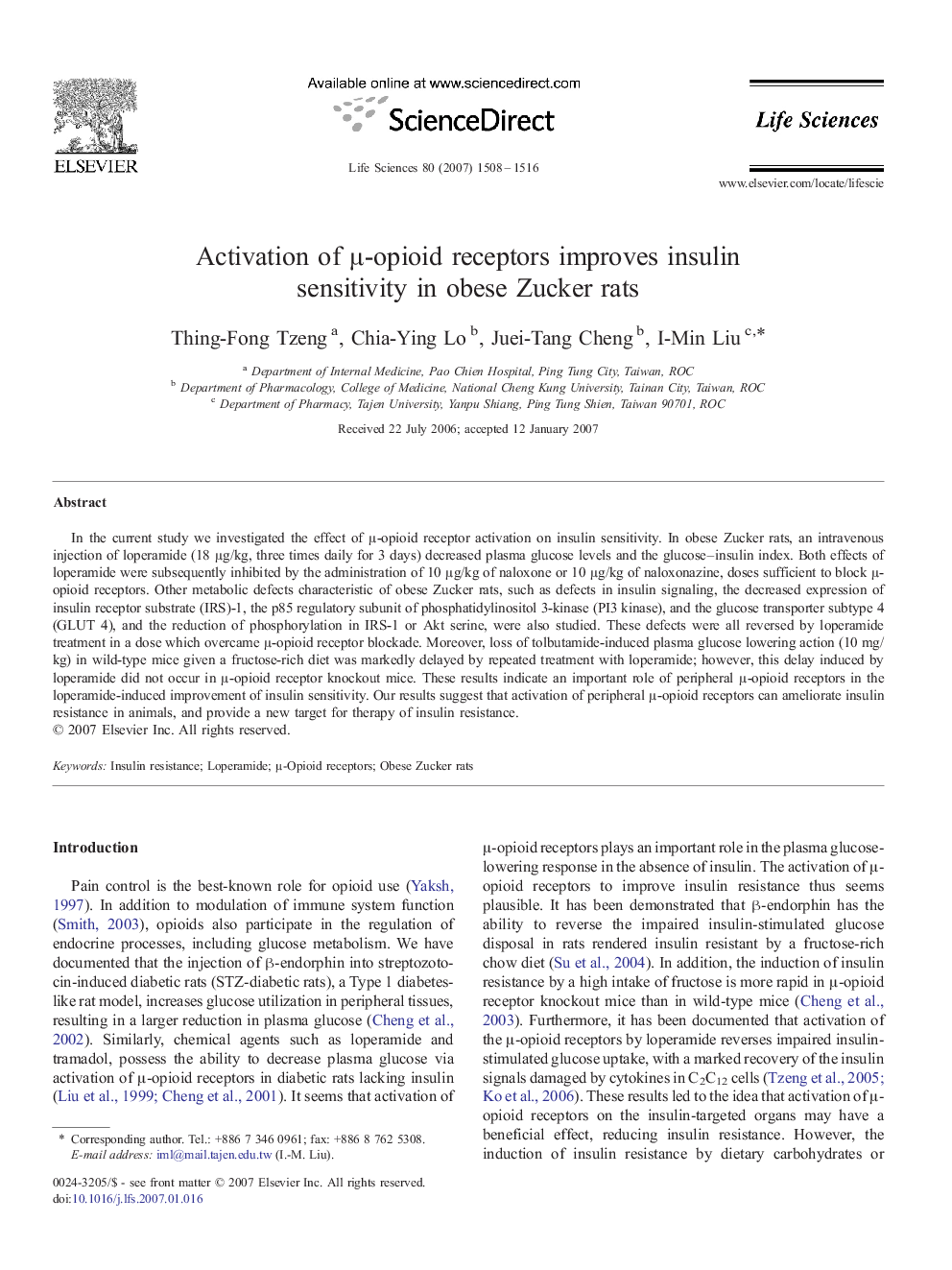 Activation of μ-opioid receptors improves insulin sensitivity in obese Zucker rats