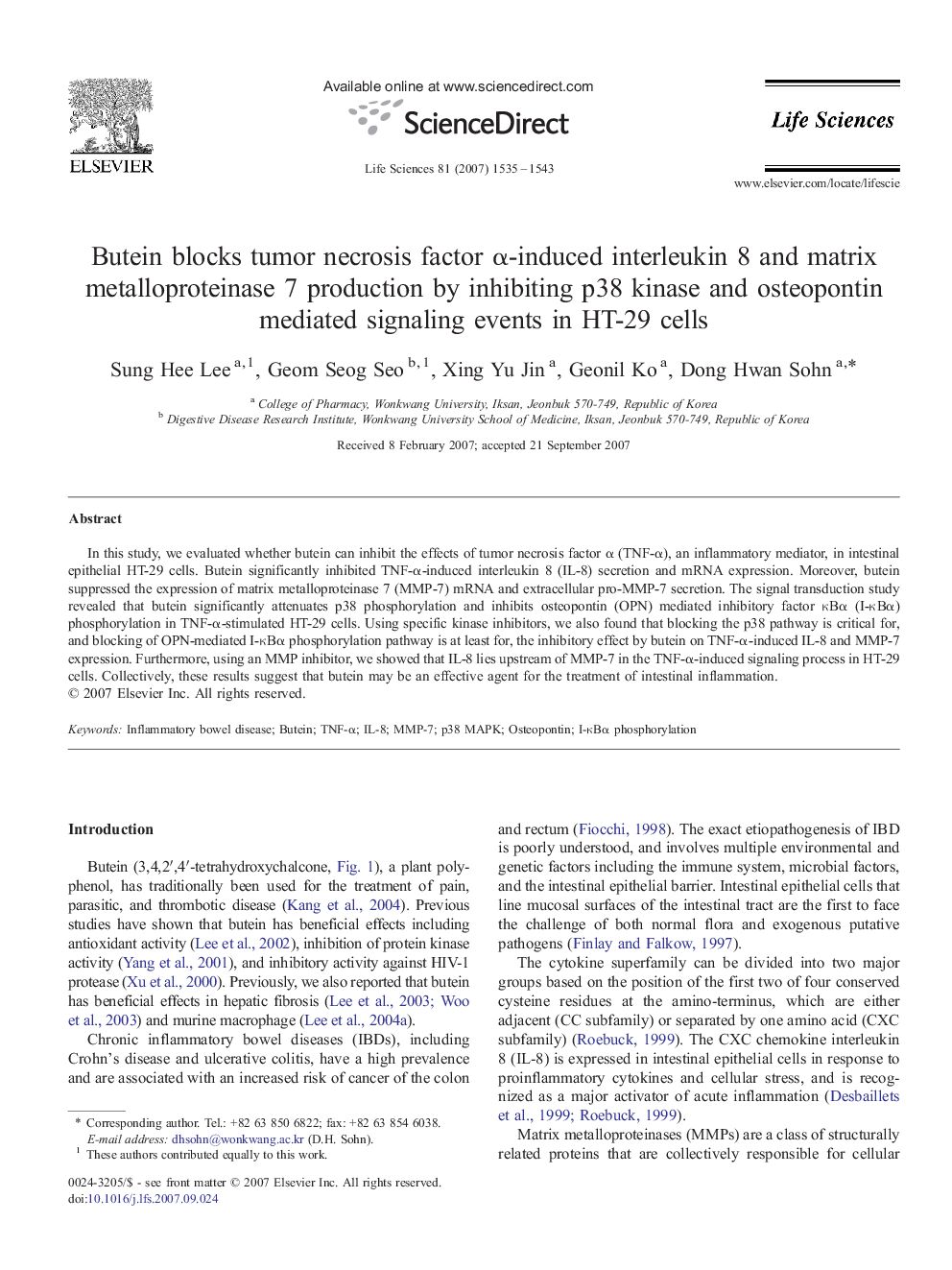 Butein blocks tumor necrosis factor α-induced interleukin 8 and matrix metalloproteinase 7 production by inhibiting p38 kinase and osteopontin mediated signaling events in HT-29 cells