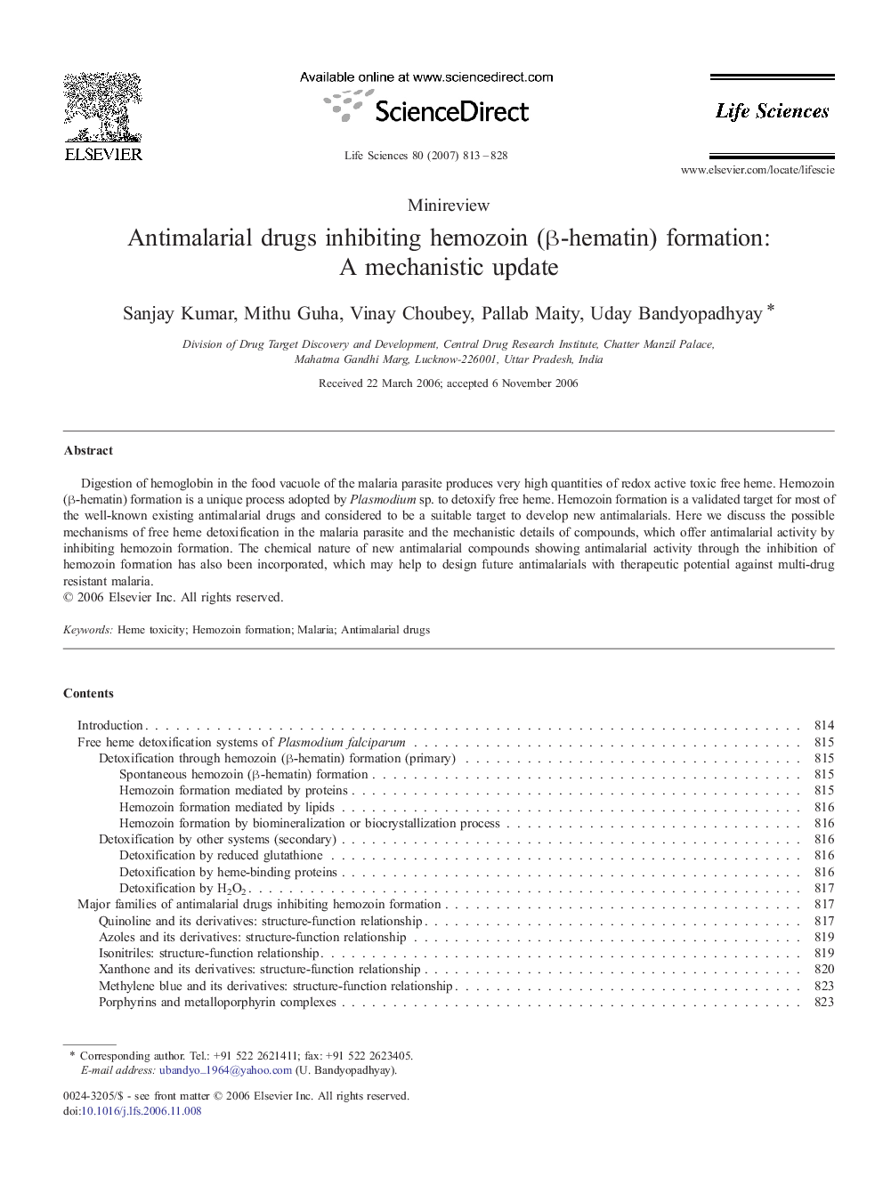 Antimalarial drugs inhibiting hemozoin (β-hematin) formation: A mechanistic update