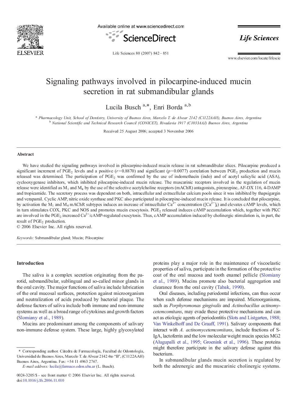 Signaling pathways involved in pilocarpine-induced mucin secretion in rat submandibular glands