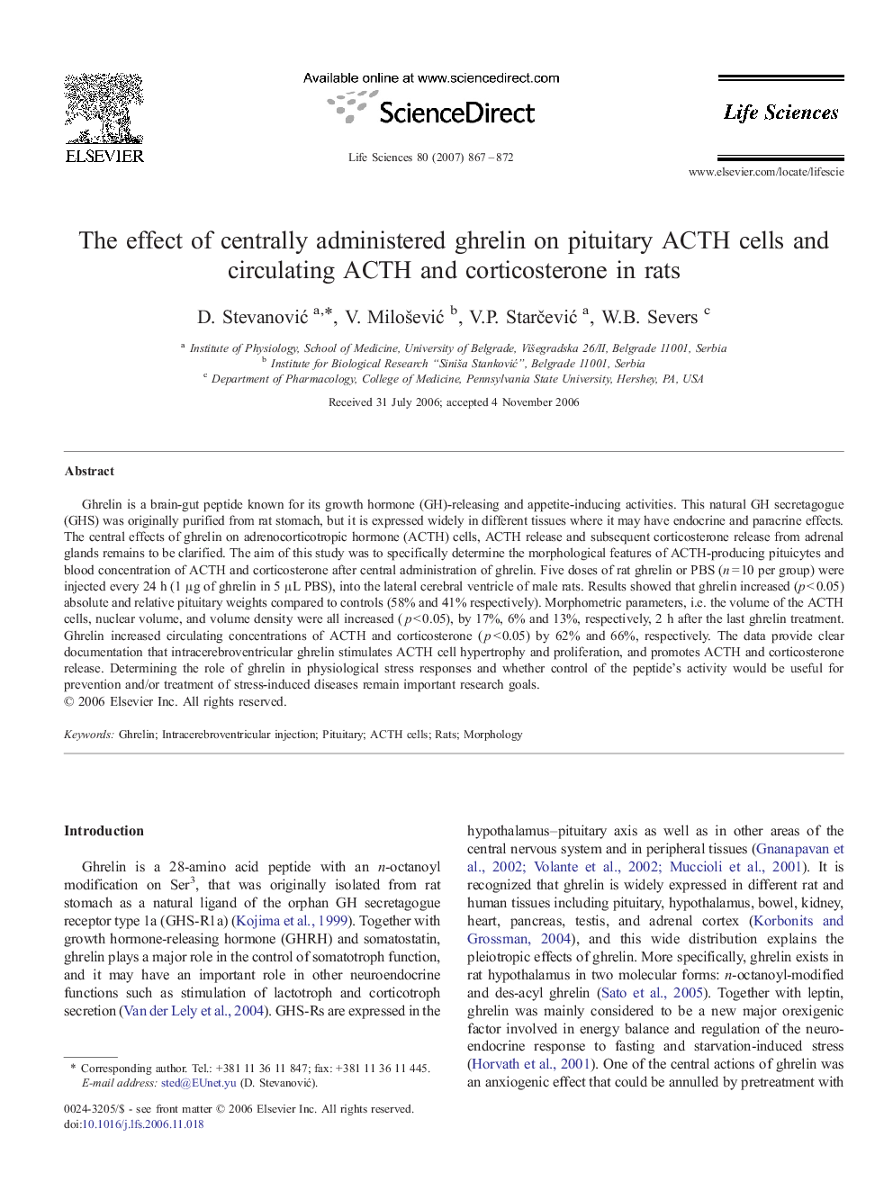 The effect of centrally administered ghrelin on pituitary ACTH cells and circulating ACTH and corticosterone in rats