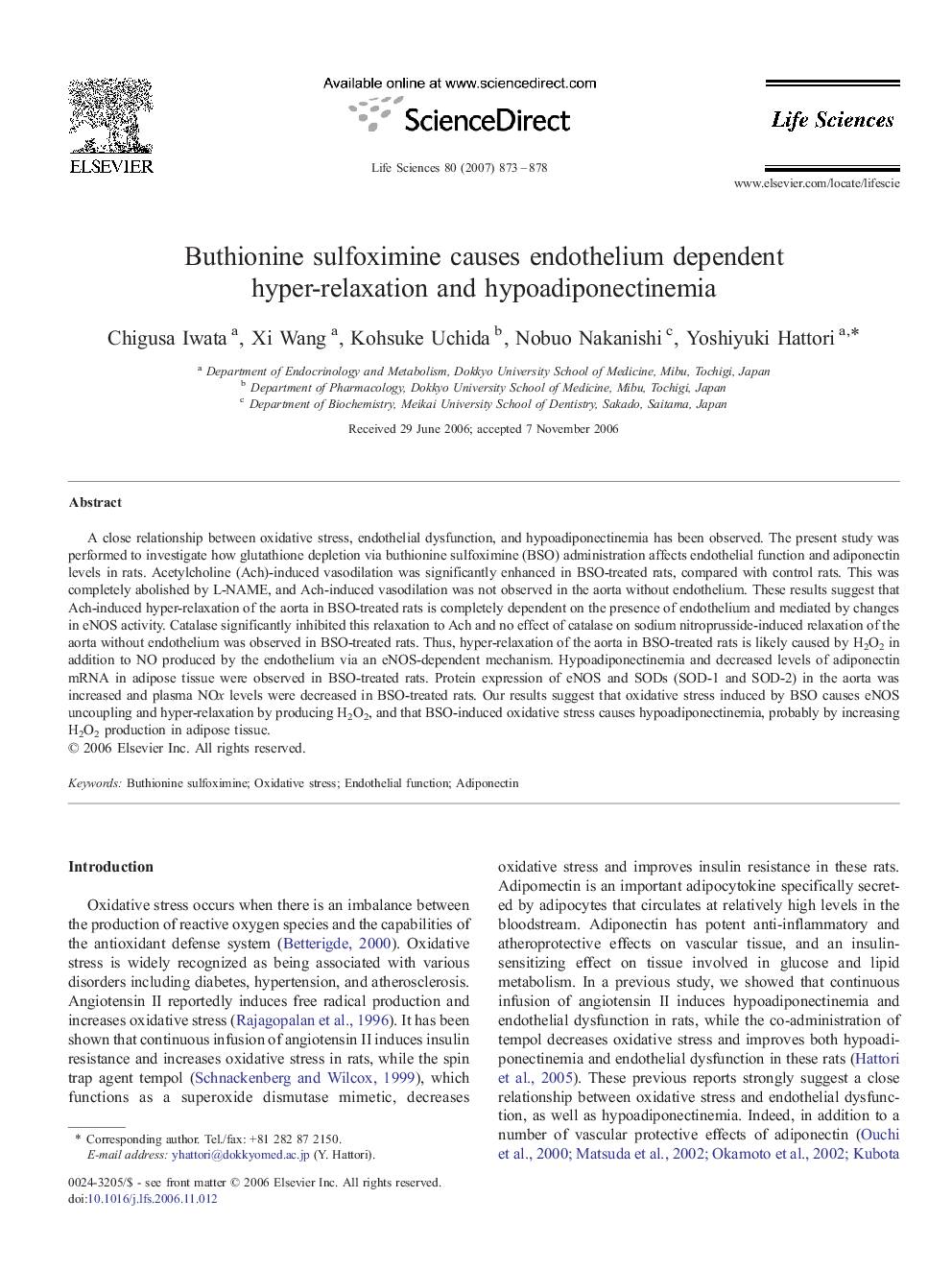 Buthionine sulfoximine causes endothelium dependent hyper-relaxation and hypoadiponectinemia