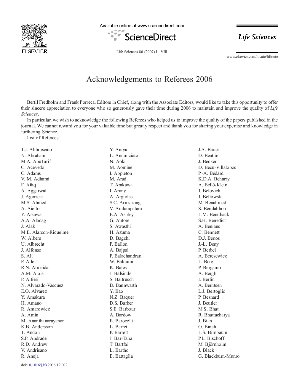 Acknowledgements to Referees 2006