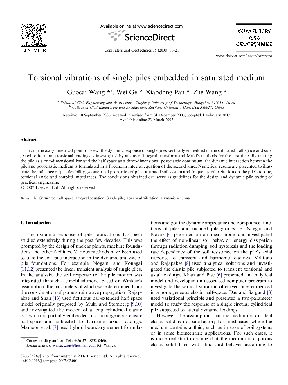 عکس صفحه اول مقاله: Torsional vibrations of single piles embedded in saturated medium Torsional vibrations of single piles embedded in saturated medium