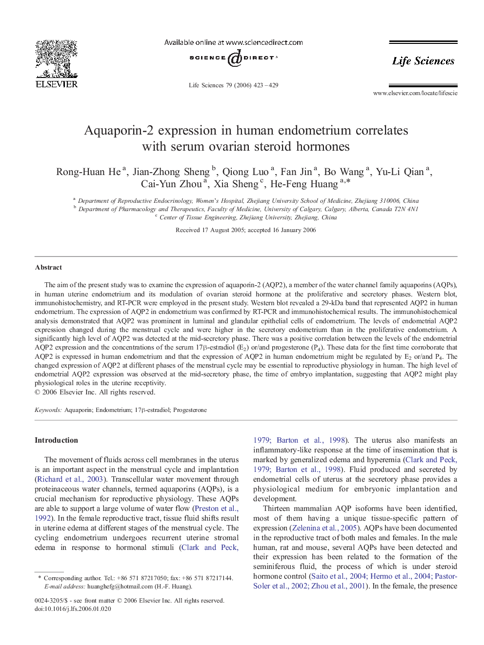 Aquaporin-2 expression in human endometrium correlates with serum ovarian steroid hormones