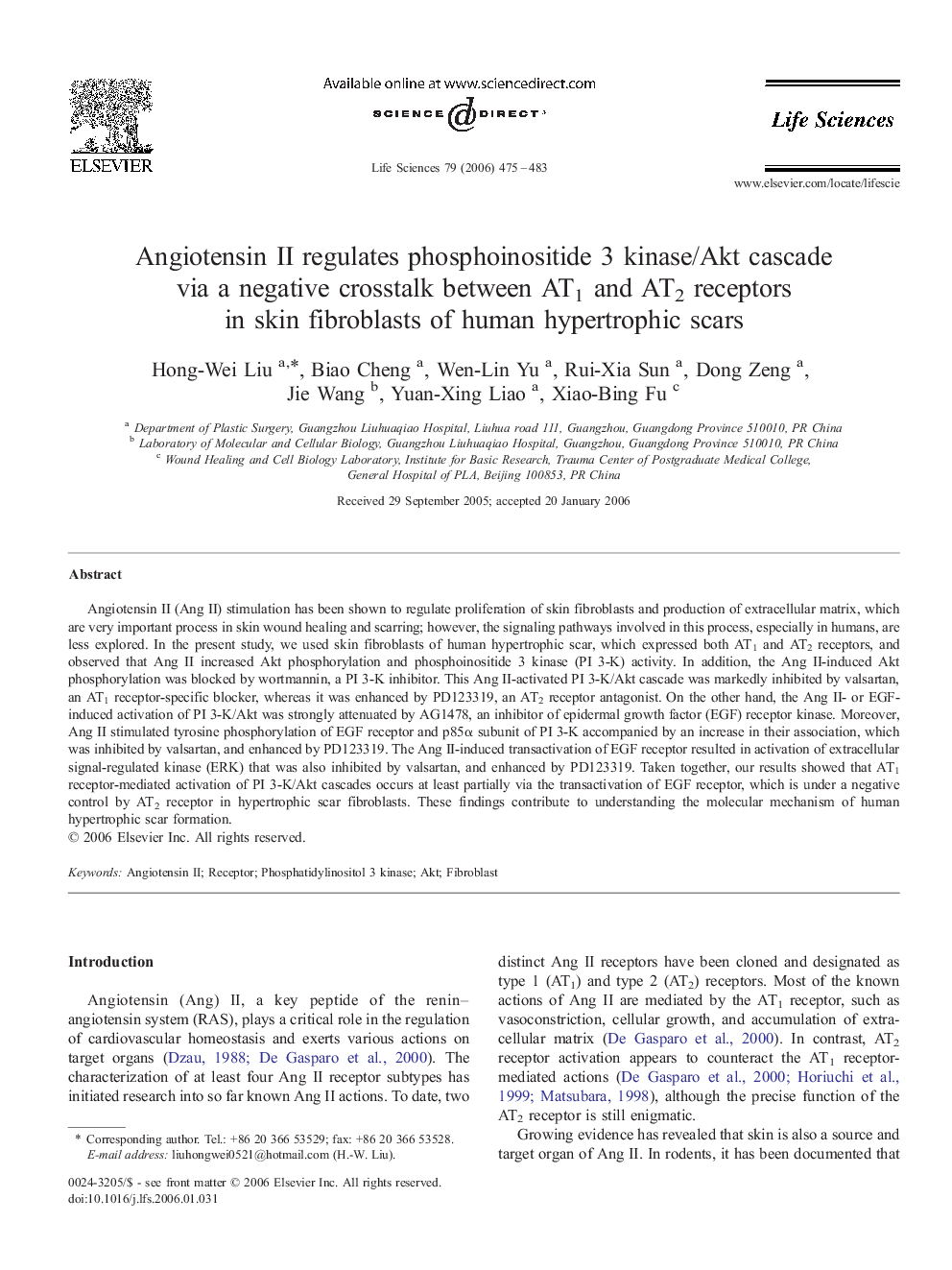 Angiotensin II regulates phosphoinositide 3 kinase/Akt cascade via a negative crosstalk between AT1 and AT2 receptors in skin fibroblasts of human hypertrophic scars