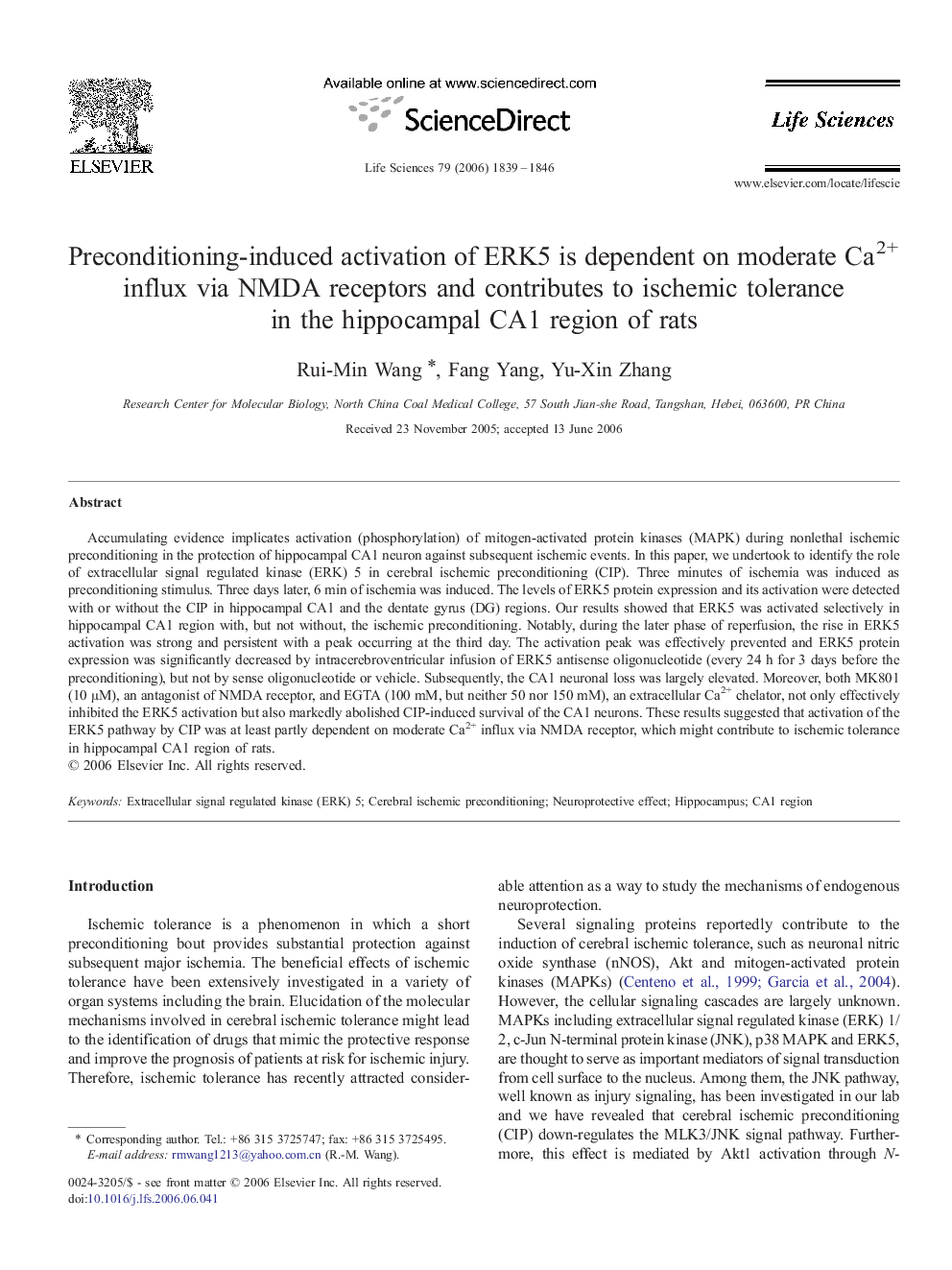 Preconditioning-induced activation of ERK5 is dependent on moderate Ca2+ influx via NMDA receptors and contributes to ischemic tolerance in the hippocampal CA1 region of rats