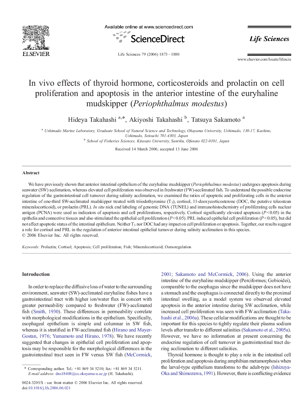 In vivo effects of thyroid hormone, corticosteroids and prolactin on cell proliferation and apoptosis in the anterior intestine of the euryhaline mudskipper (Periophthalmus modestus)