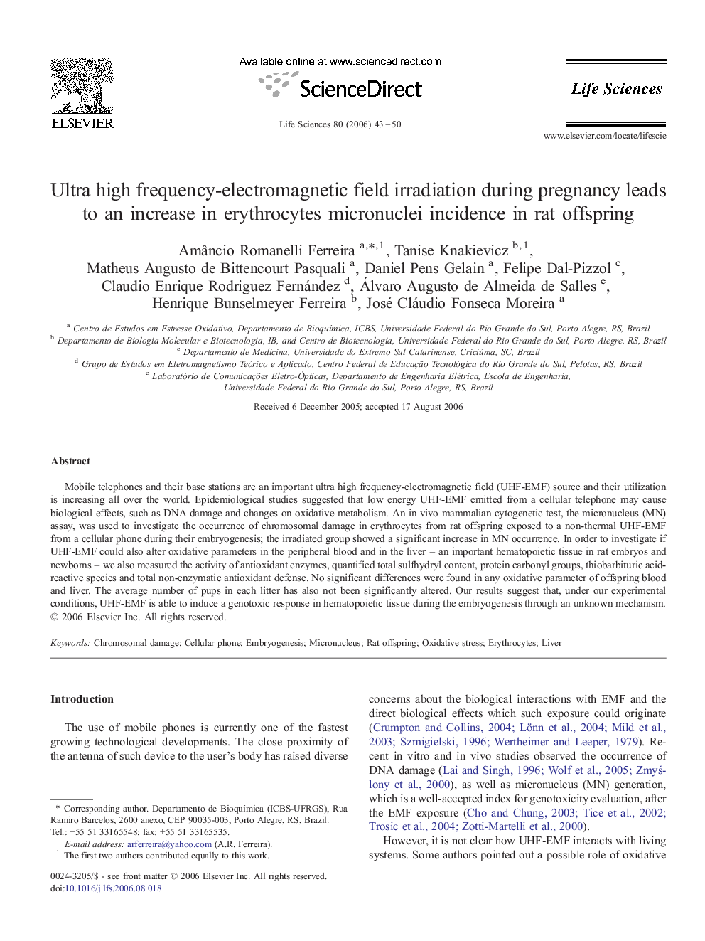 Ultra high frequency-electromagnetic field irradiation during pregnancy leads to an increase in erythrocytes micronuclei incidence in rat offspring