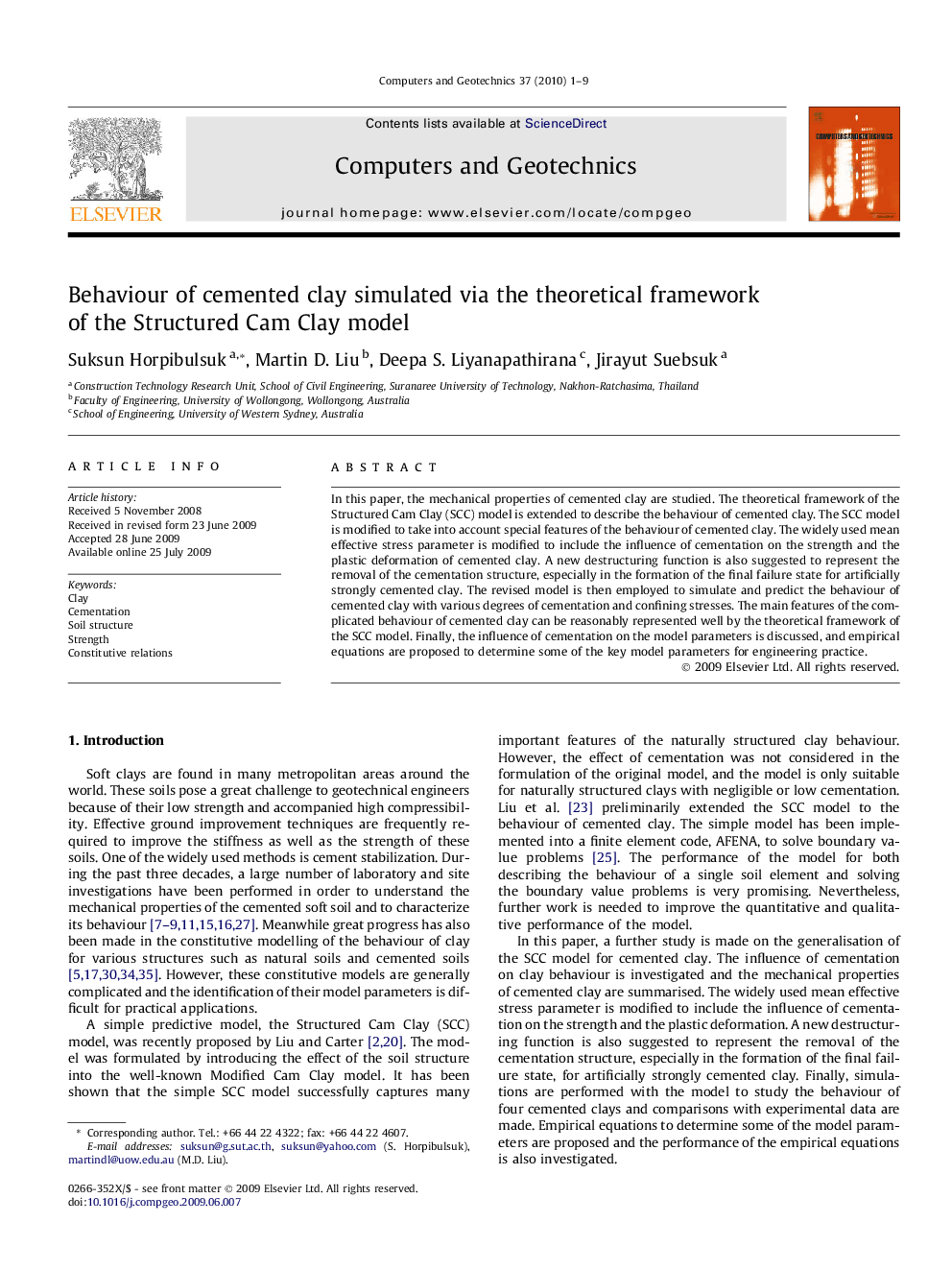 Behaviour of cemented clay simulated via the theoretical framework of the Structured Cam Clay model