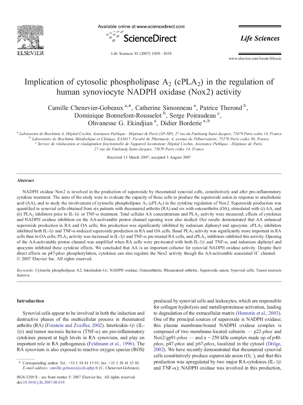 Implication of cytosolic phospholipase A2 (cPLA2) in the regulation of human synoviocyte NADPH oxidase (Nox2) activity