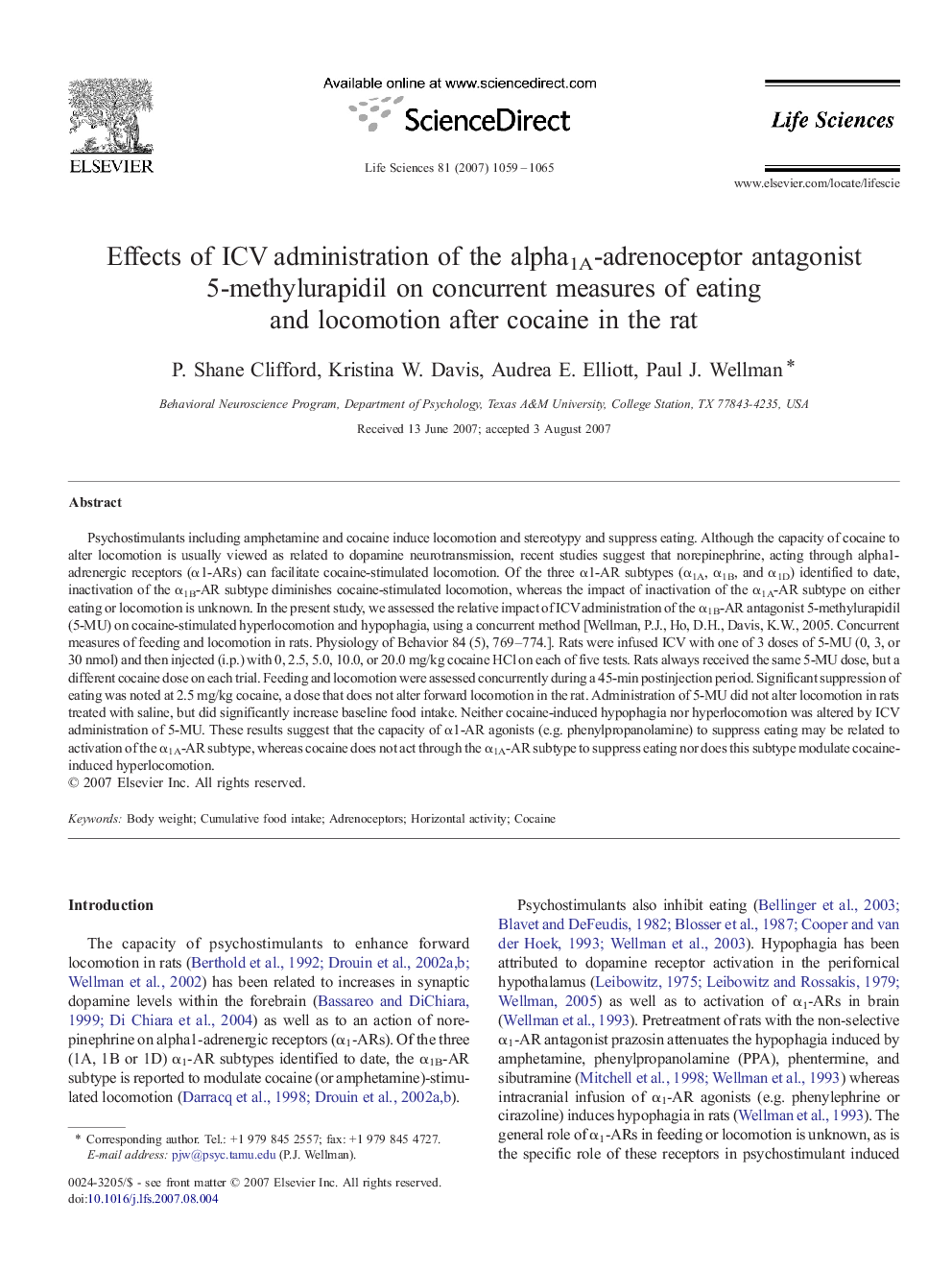 Effects of ICV administration of the alpha1A-adrenoceptor antagonist 5-methylurapidil on concurrent measures of eating and locomotion after cocaine in the rat