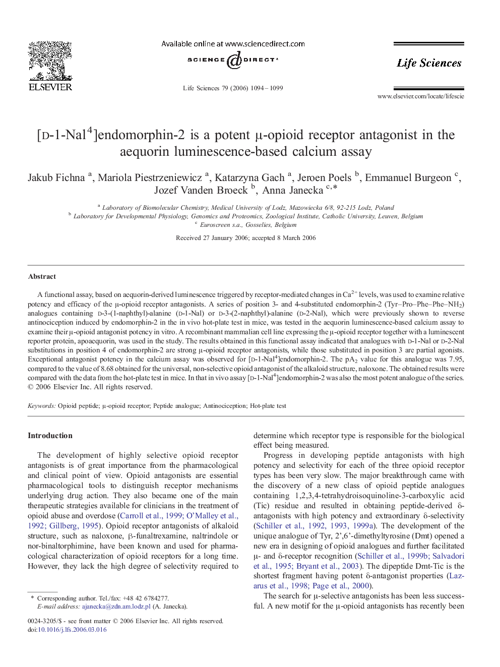 [d-1-Nal4]endomorphin-2 is a potent μ-opioid receptor antagonist in the aequorin luminescence-based calcium assay