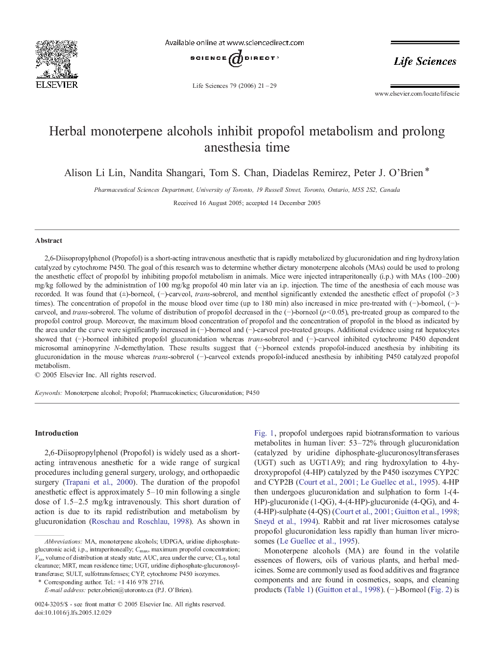 Herbal monoterpene alcohols inhibit propofol metabolism and prolong anesthesia time