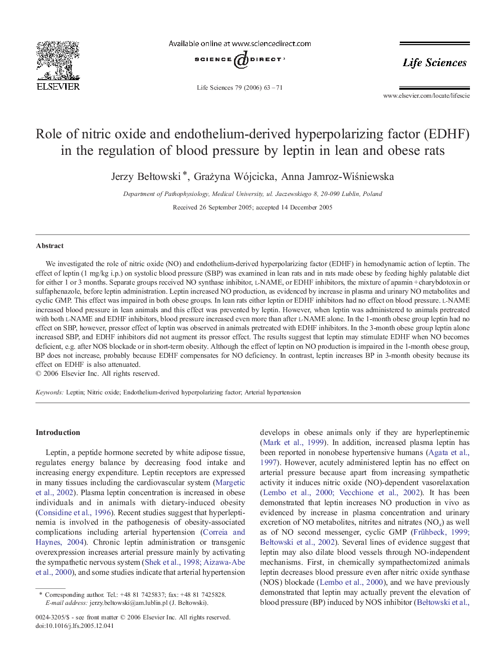 Role of nitric oxide and endothelium-derived hyperpolarizing factor (EDHF) in the regulation of blood pressure by leptin in lean and obese rats