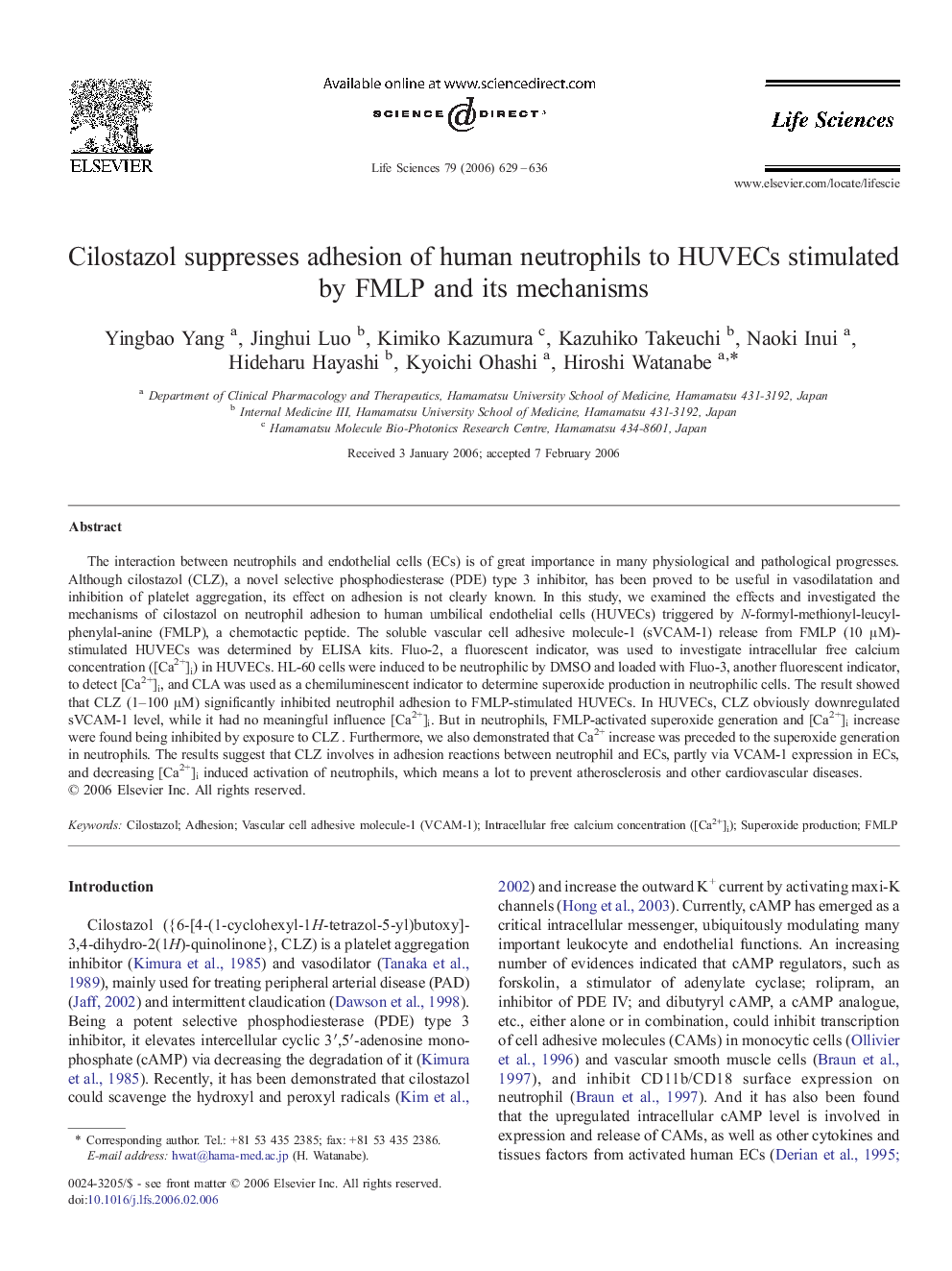 Cilostazol suppresses adhesion of human neutrophils to HUVECs stimulated by FMLP and its mechanisms