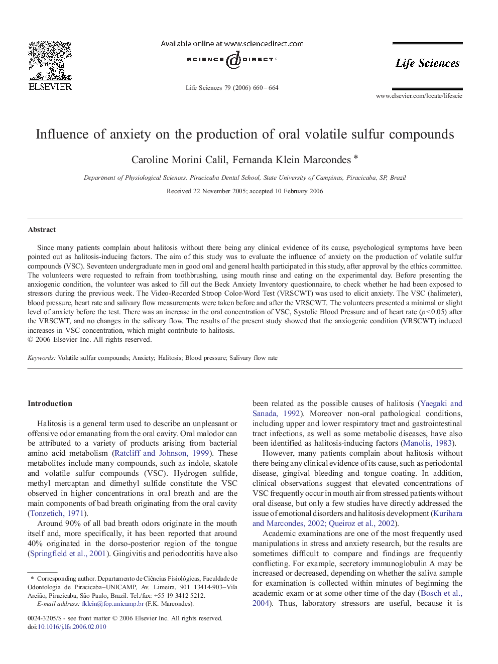 Influence of anxiety on the production of oral volatile sulfur compounds