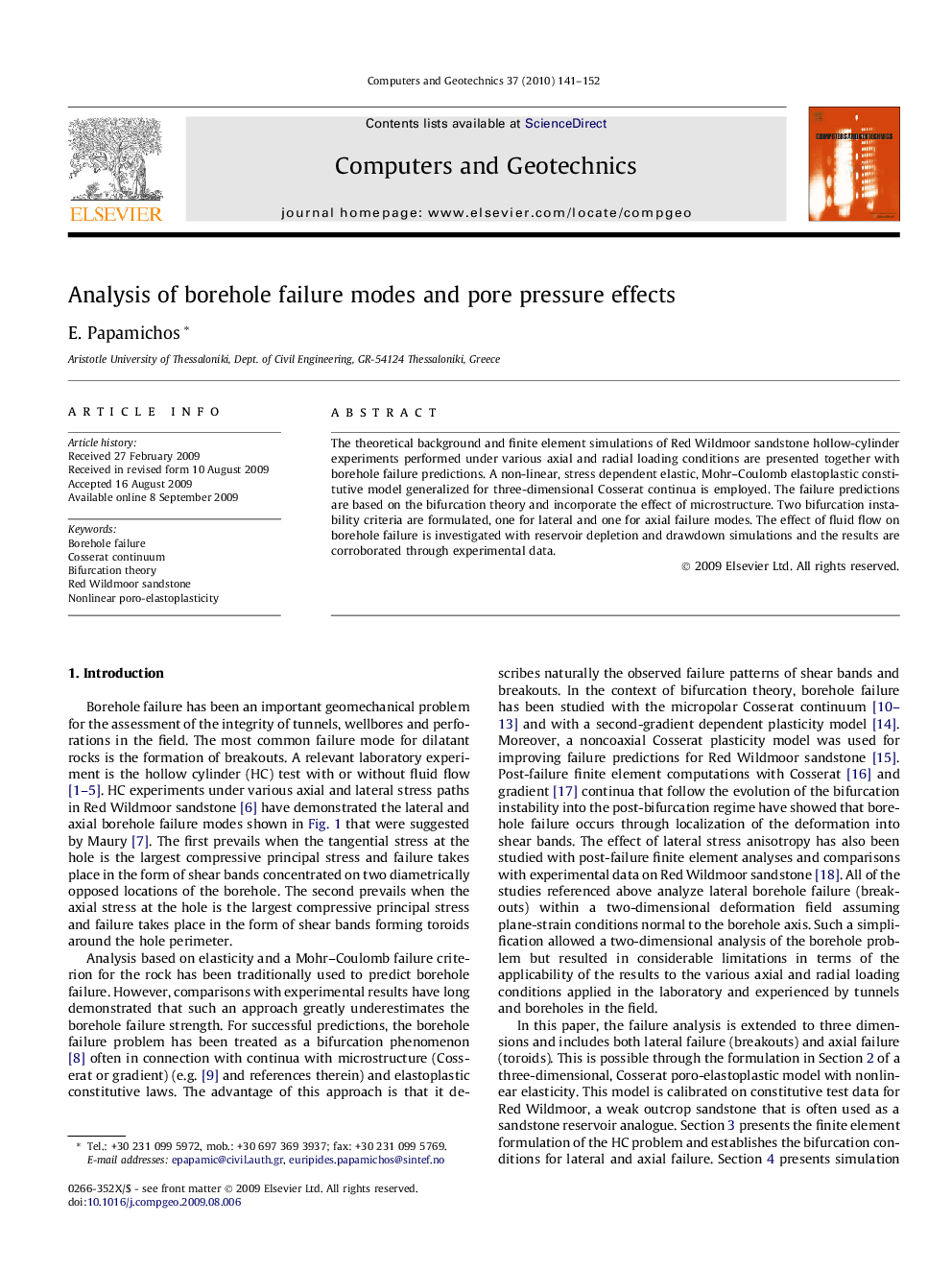 Analysis of borehole failure modes and pore pressure effects