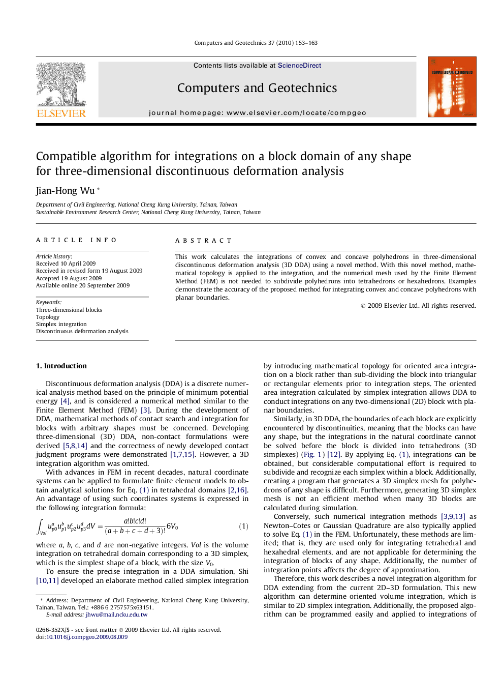 Compatible algorithm for integrations on a block domain of any shape for three-dimensional discontinuous deformation analysis