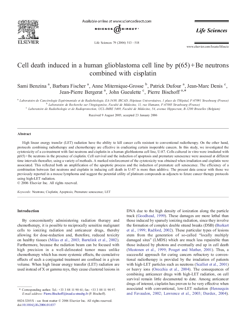 Cell death induced in a human glioblastoma cell line by p(65) + Be neutrons combined with cisplatin