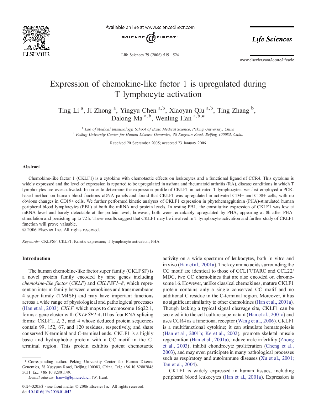 Expression of chemokine-like factor 1 is upregulated during T lymphocyte activation