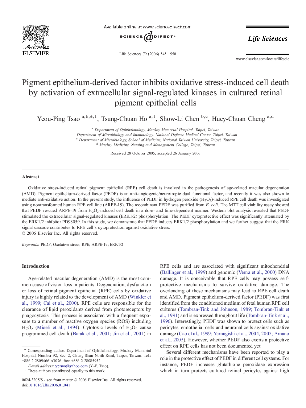 Pigment epithelium-derived factor inhibits oxidative stress-induced cell death by activation of extracellular signal-regulated kinases in cultured retinal pigment epithelial cells