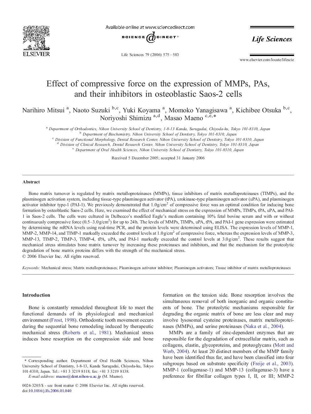 Effect of compressive force on the expression of MMPs, PAs, and their inhibitors in osteoblastic Saos-2 cells