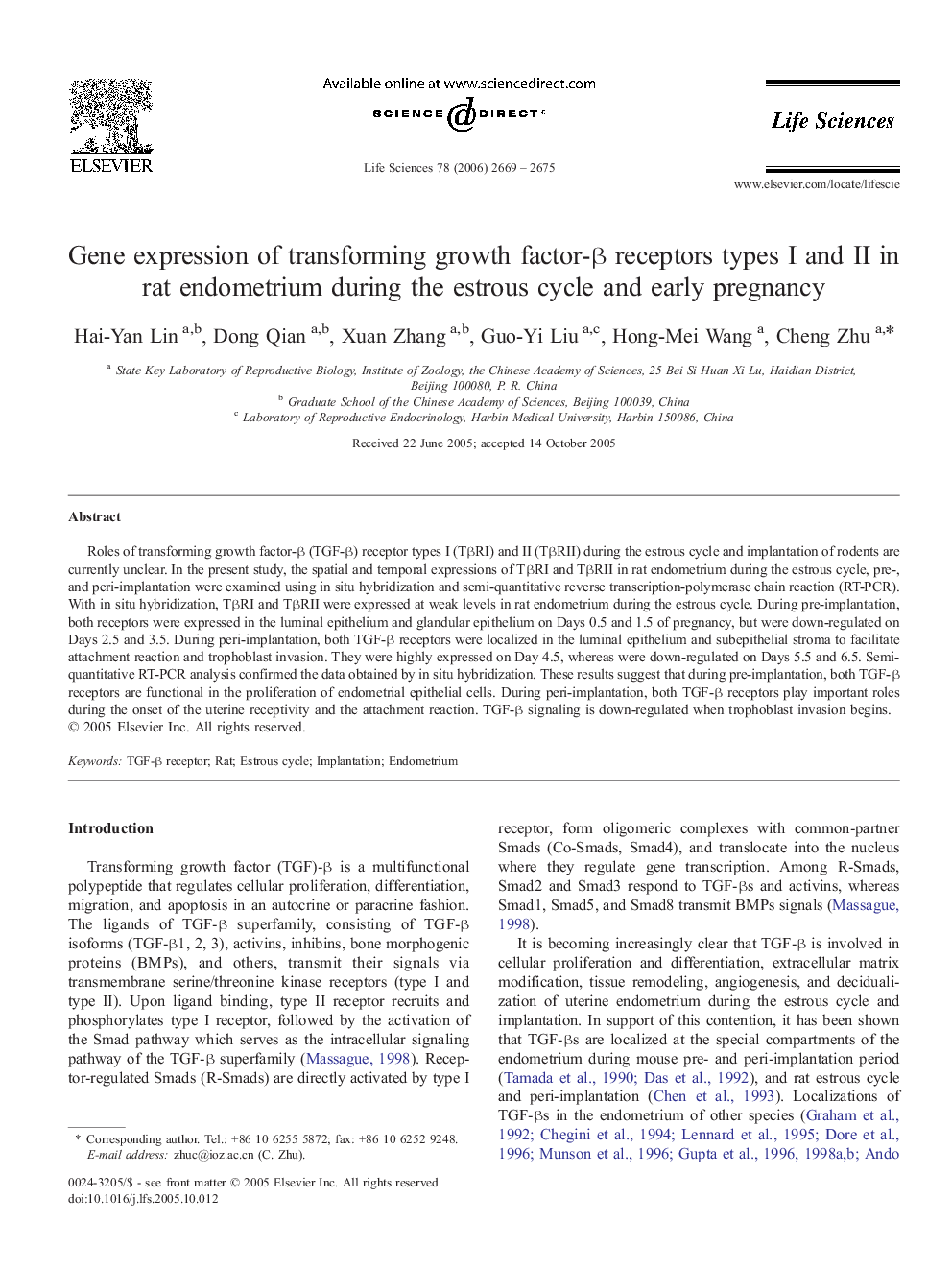 Gene expression of transforming growth factor-β receptors types I and II in rat endometrium during the estrous cycle and early pregnancy