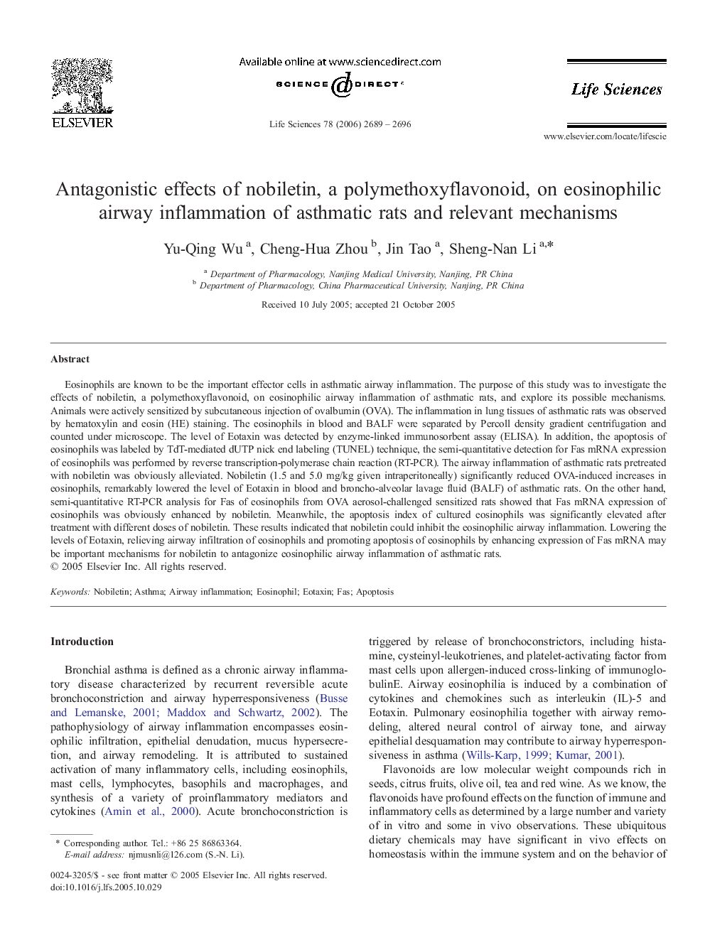 Antagonistic effects of nobiletin, a polymethoxyflavonoid, on eosinophilic airway inflammation of asthmatic rats and relevant mechanisms