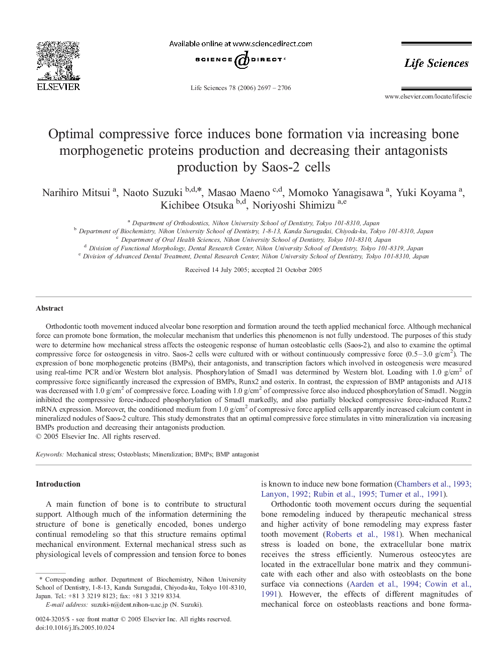 Optimal compressive force induces bone formation via increasing bone morphogenetic proteins production and decreasing their antagonists production by Saos-2 cells