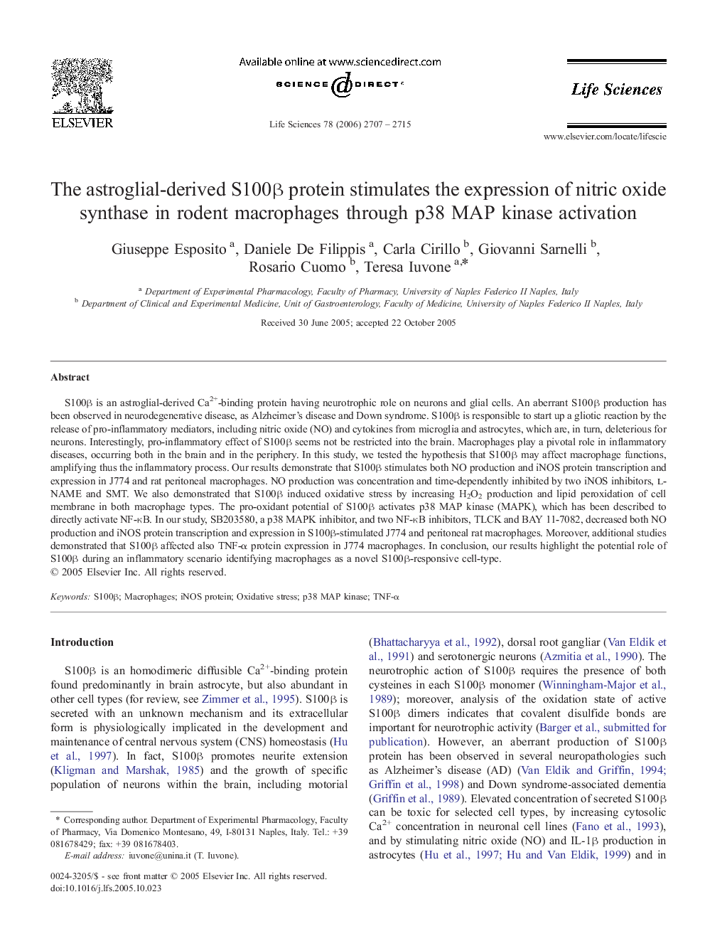 The astroglial-derived S100β protein stimulates the expression of nitric oxide synthase in rodent macrophages through p38 MAP kinase activation