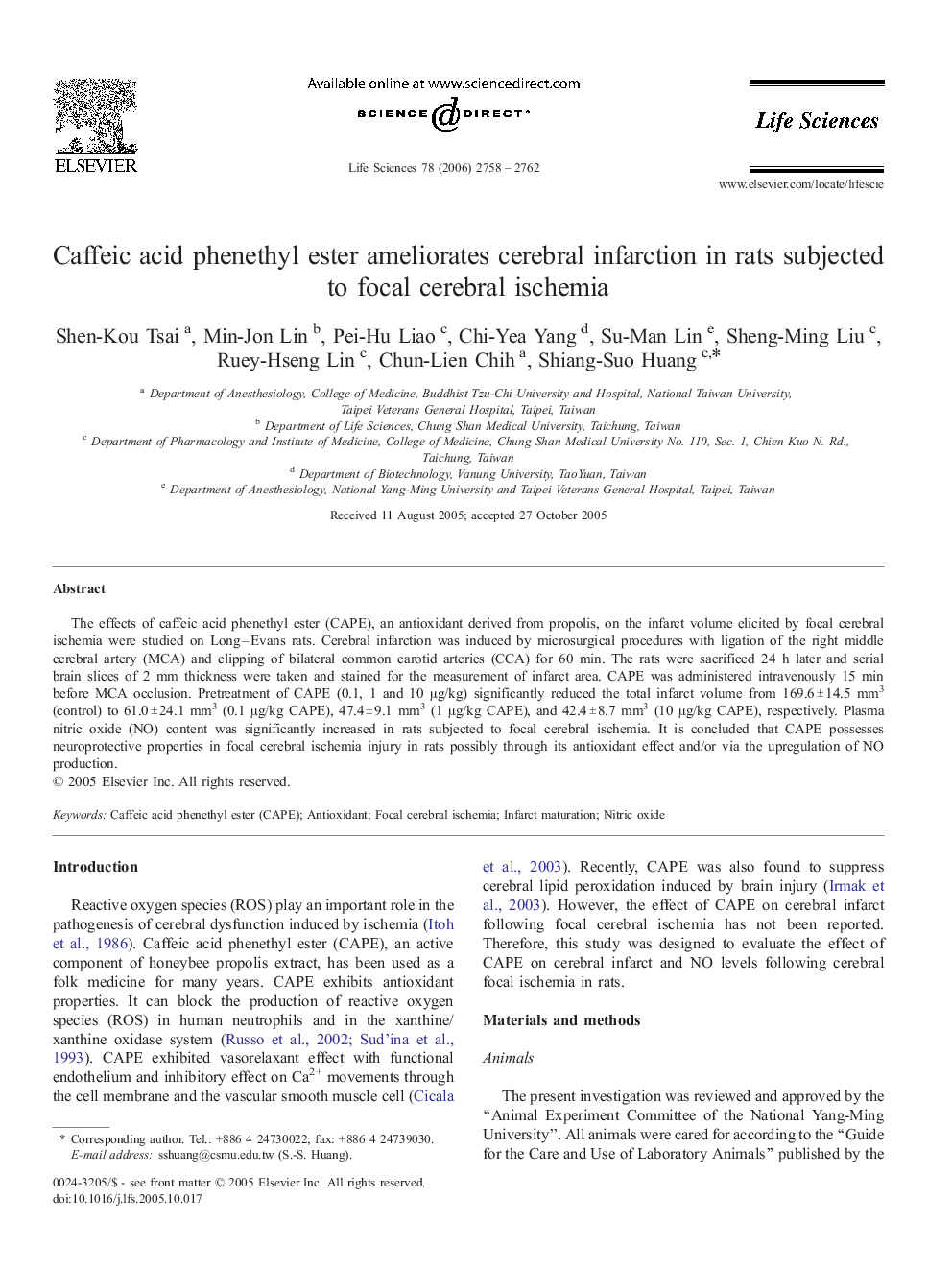 Caffeic acid phenethyl ester ameliorates cerebral infarction in rats subjected to focal cerebral ischemia