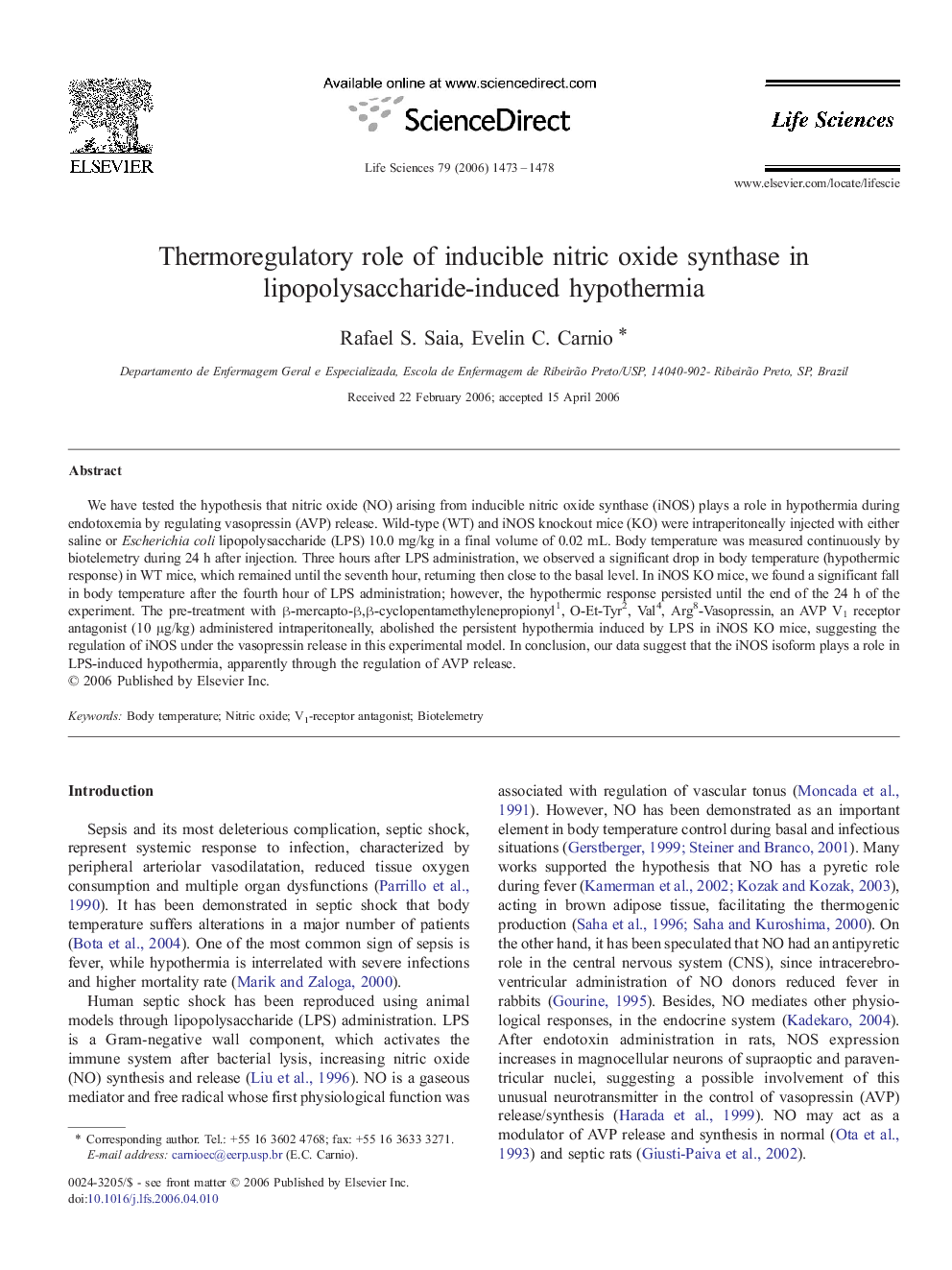 Thermoregulatory role of inducible nitric oxide synthase in lipopolysaccharide-induced hypothermia