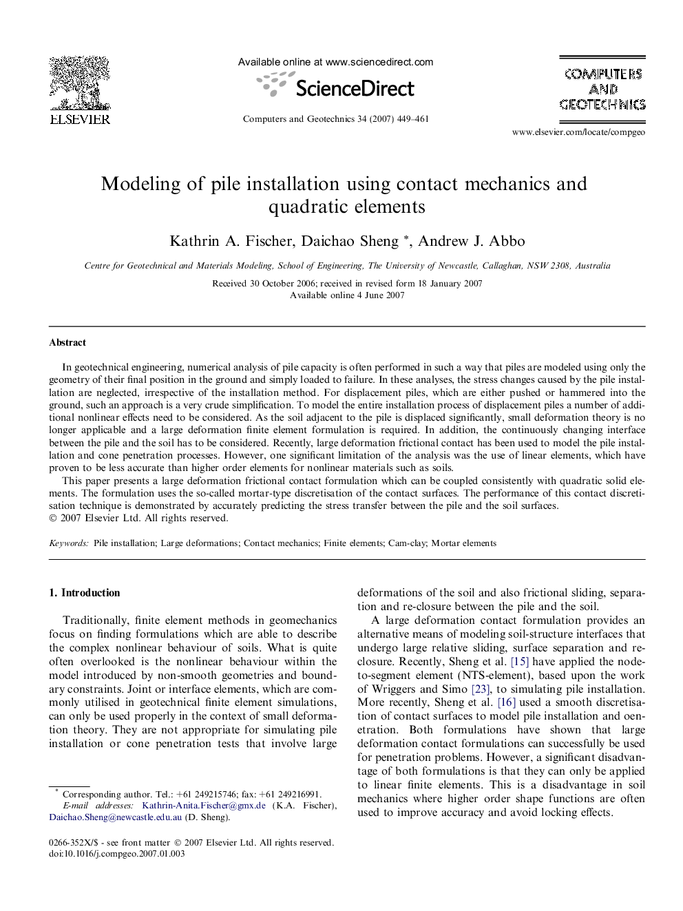 Modeling of pile installation using contact mechanics and quadratic elements