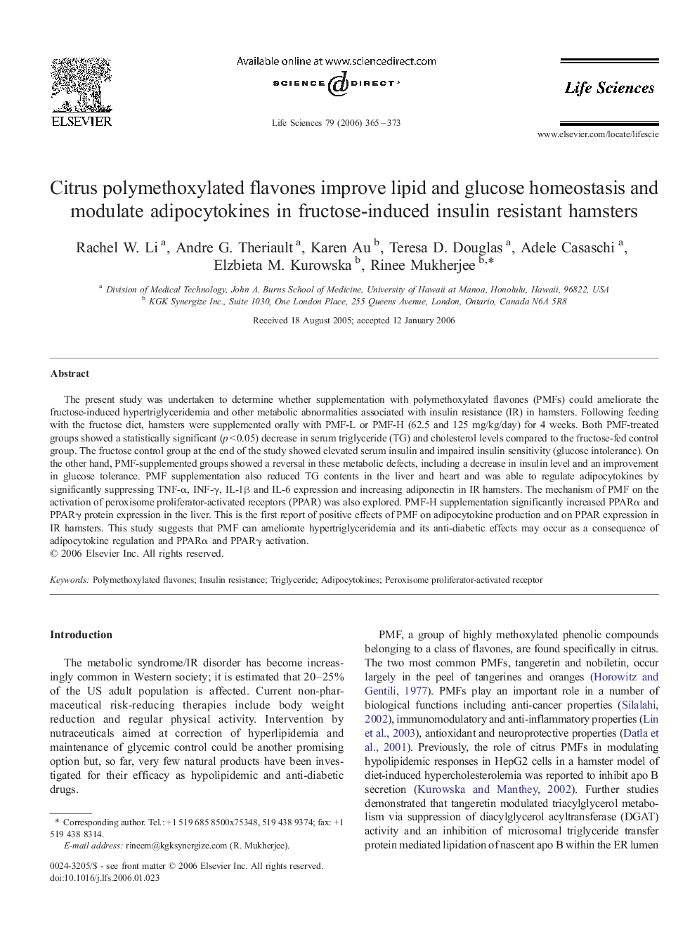 Citrus polymethoxylated flavones improve lipid and glucose homeostasis and modulate adipocytokines in fructose-induced insulin resistant hamsters